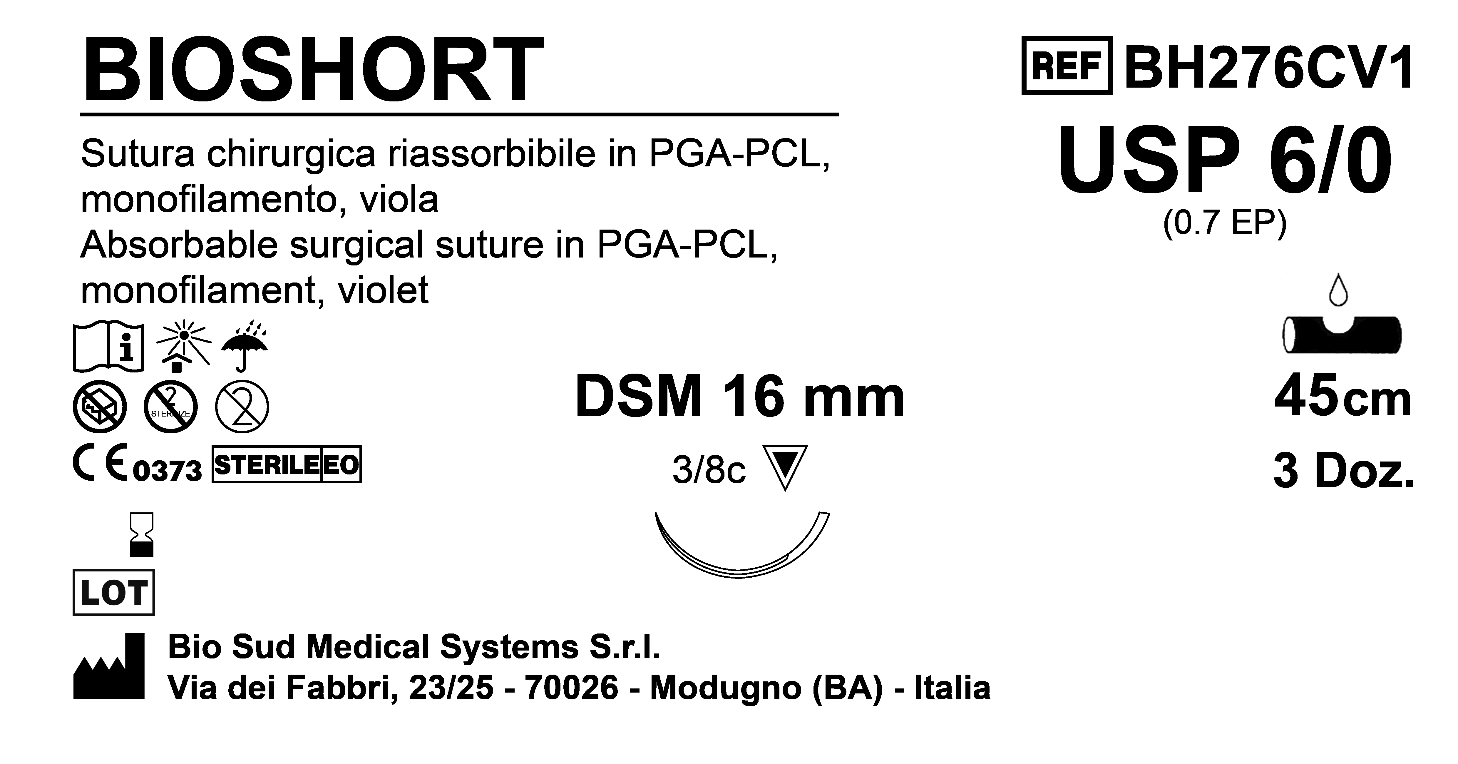 Sutura Bioshort DSM 16 USP 6-0 - EP 0.7 45 cm Violet Box 36 pcs