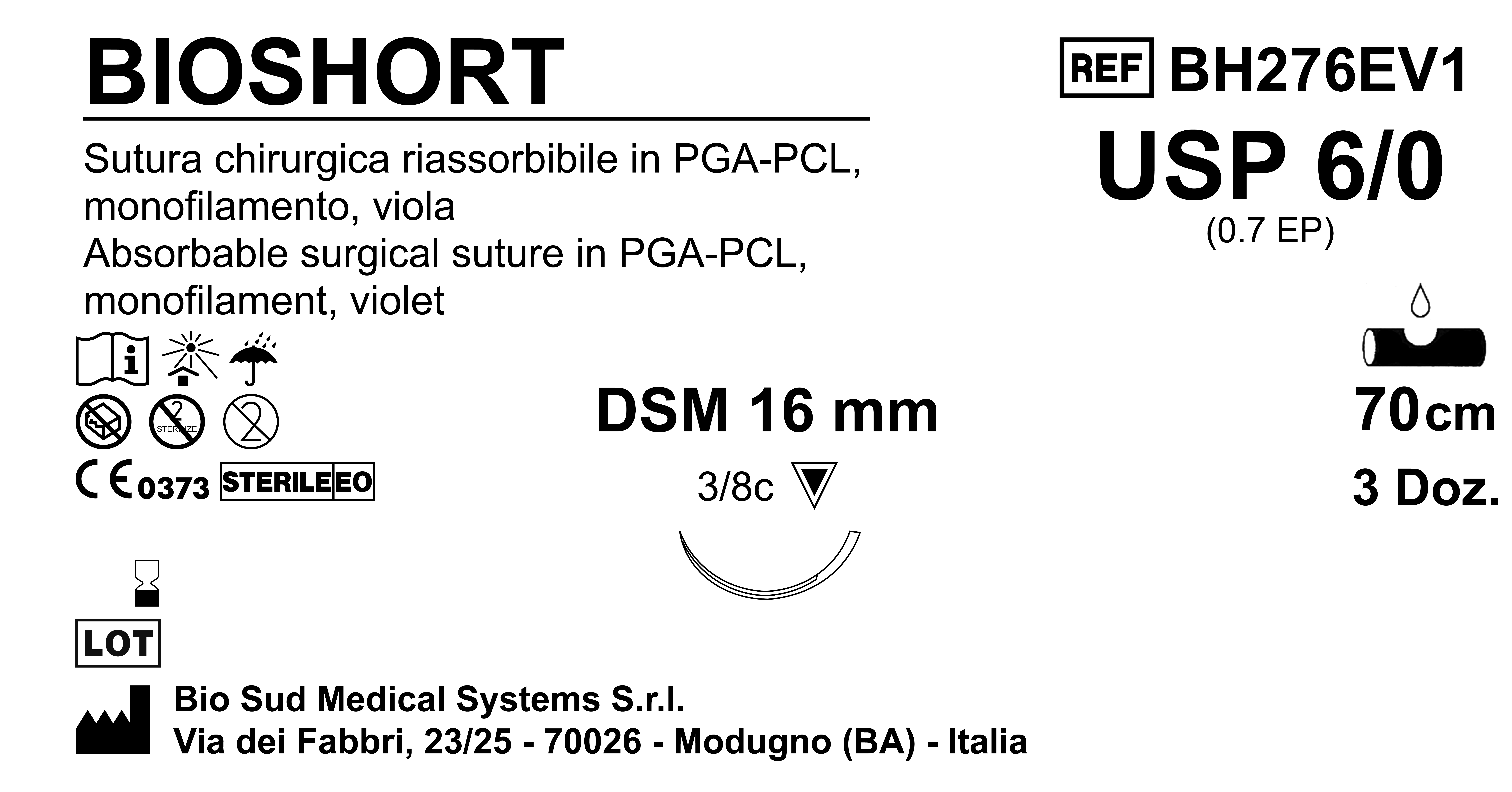 Sutura Bioshort DSM 16 USP 6-0 - EP 0.7 70 cm Violet Box 36 pcs