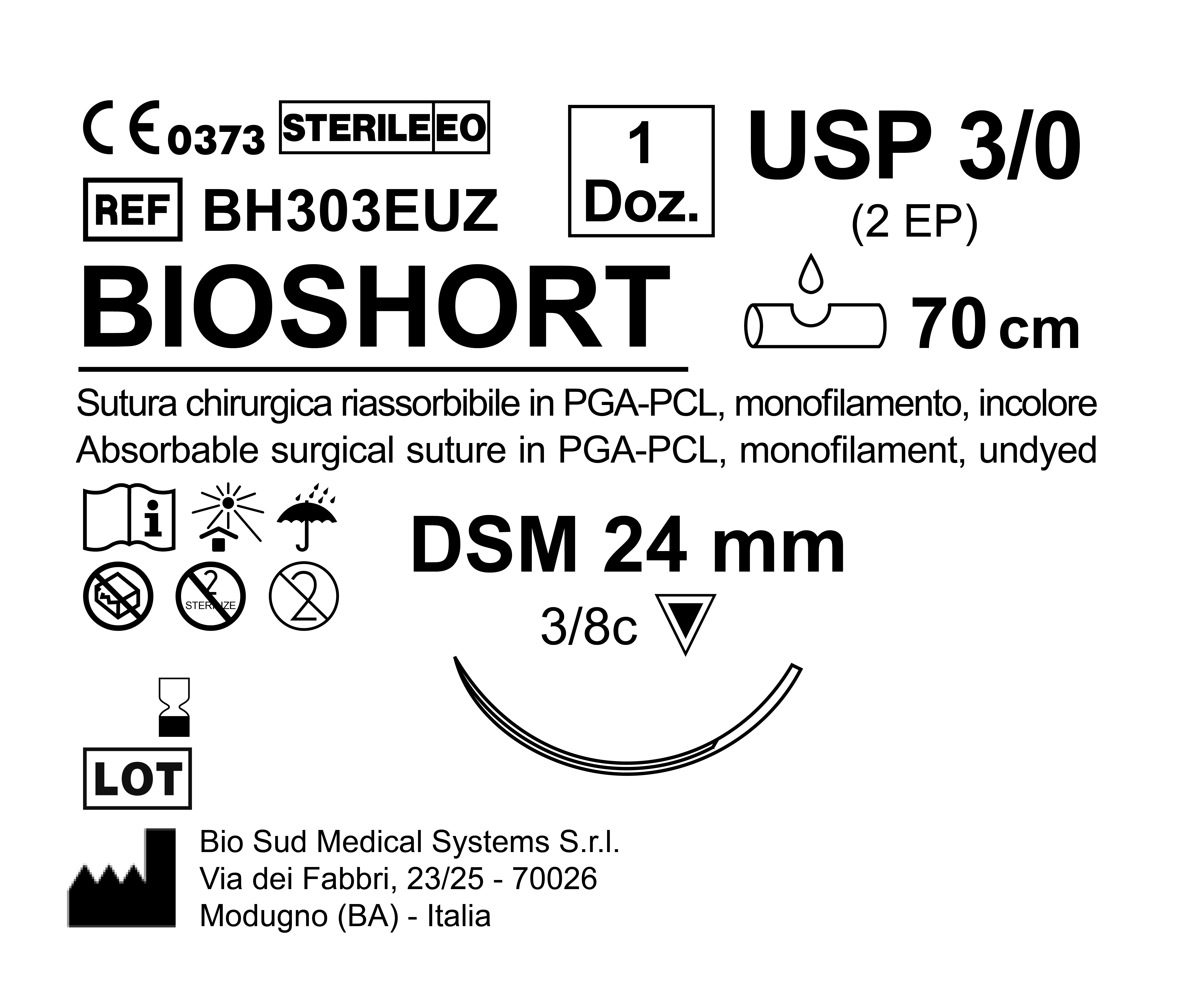 Sutura Bioshort DSM 24 USP 3-0 - EP 2 70 cm Undyed Box 12 pcs