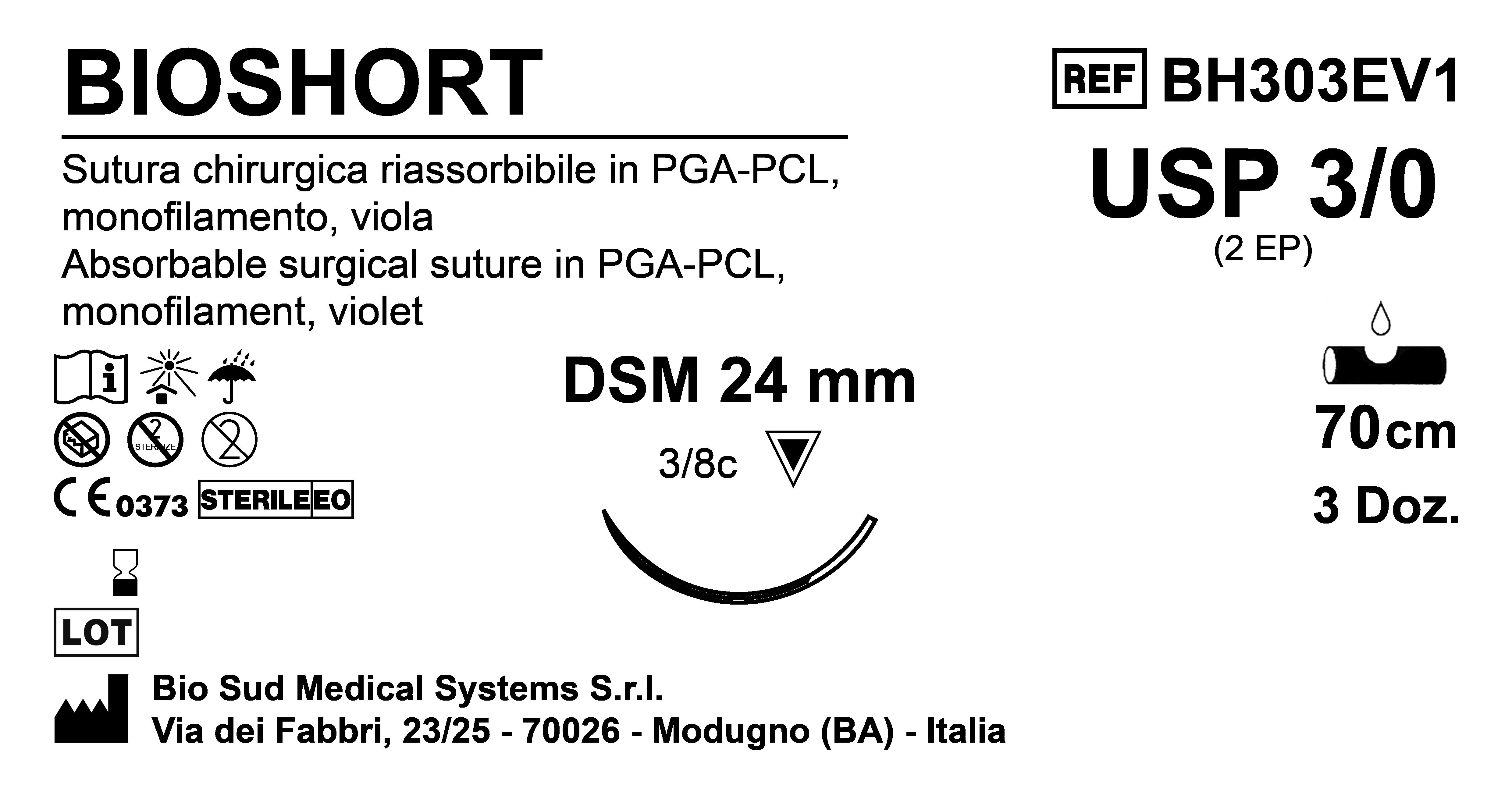 Sutura Bioshort DSM24 USP 3-0 - EP 2 70 cm Violet Box 36 pcs