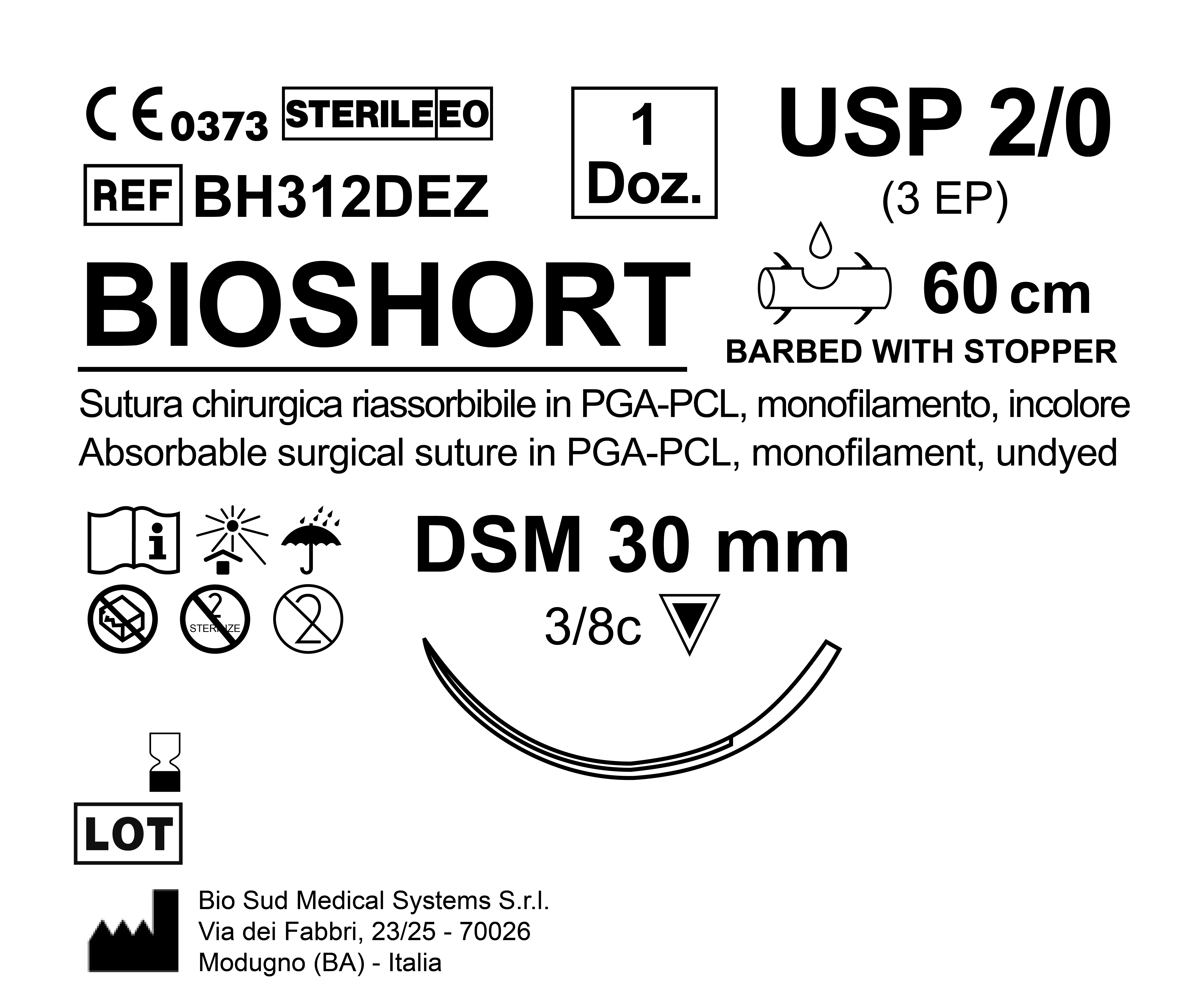 Sutura Bioshort DSM 30 USP 2-0 - EP 3 60 cm Undyed Barbed Box 12 pcs