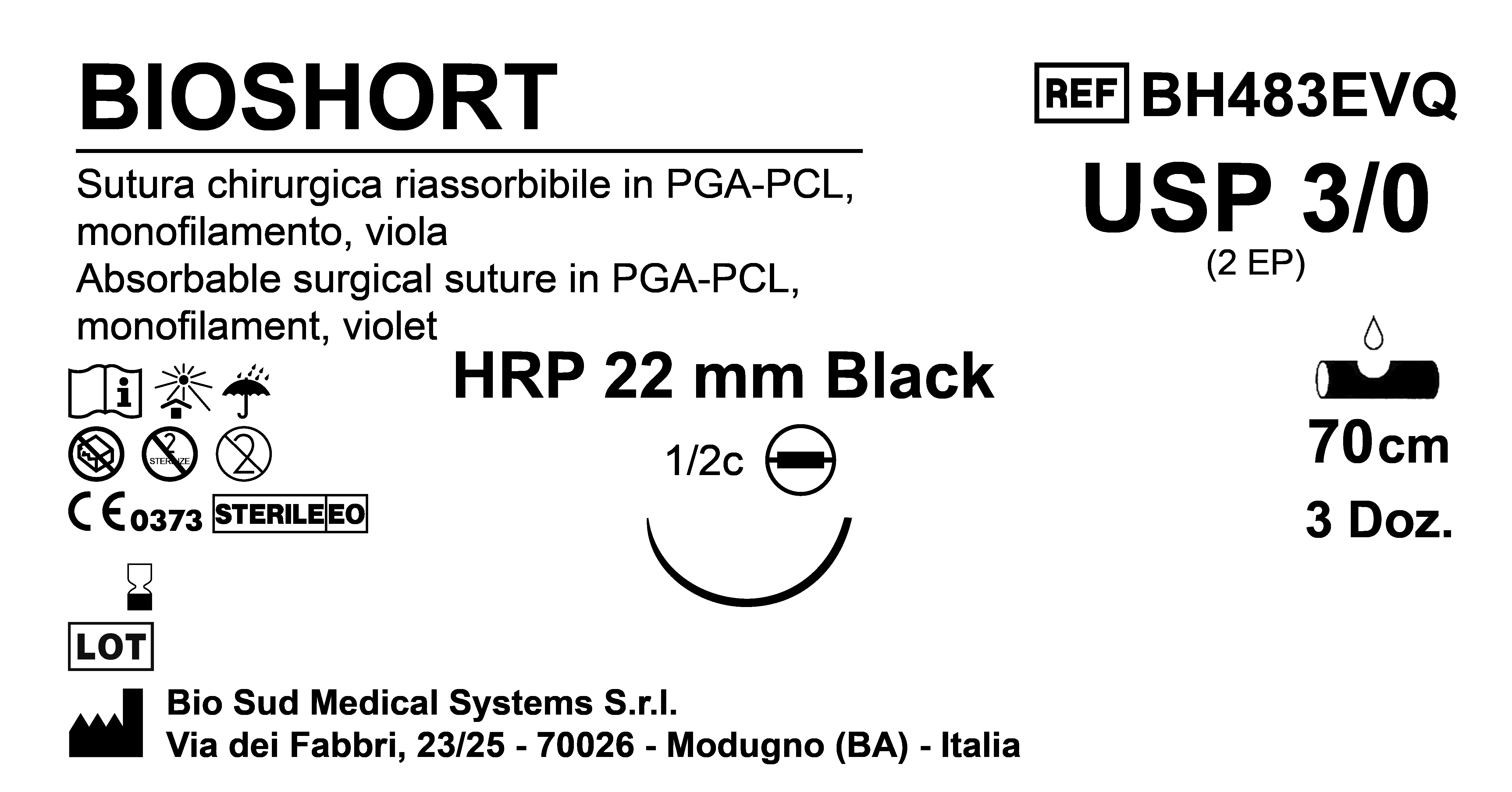 Sutura Bioshort HRP22 USP 3-0 - EP 2 70 cm Violet Needle Plus Black  Box 36 pcs