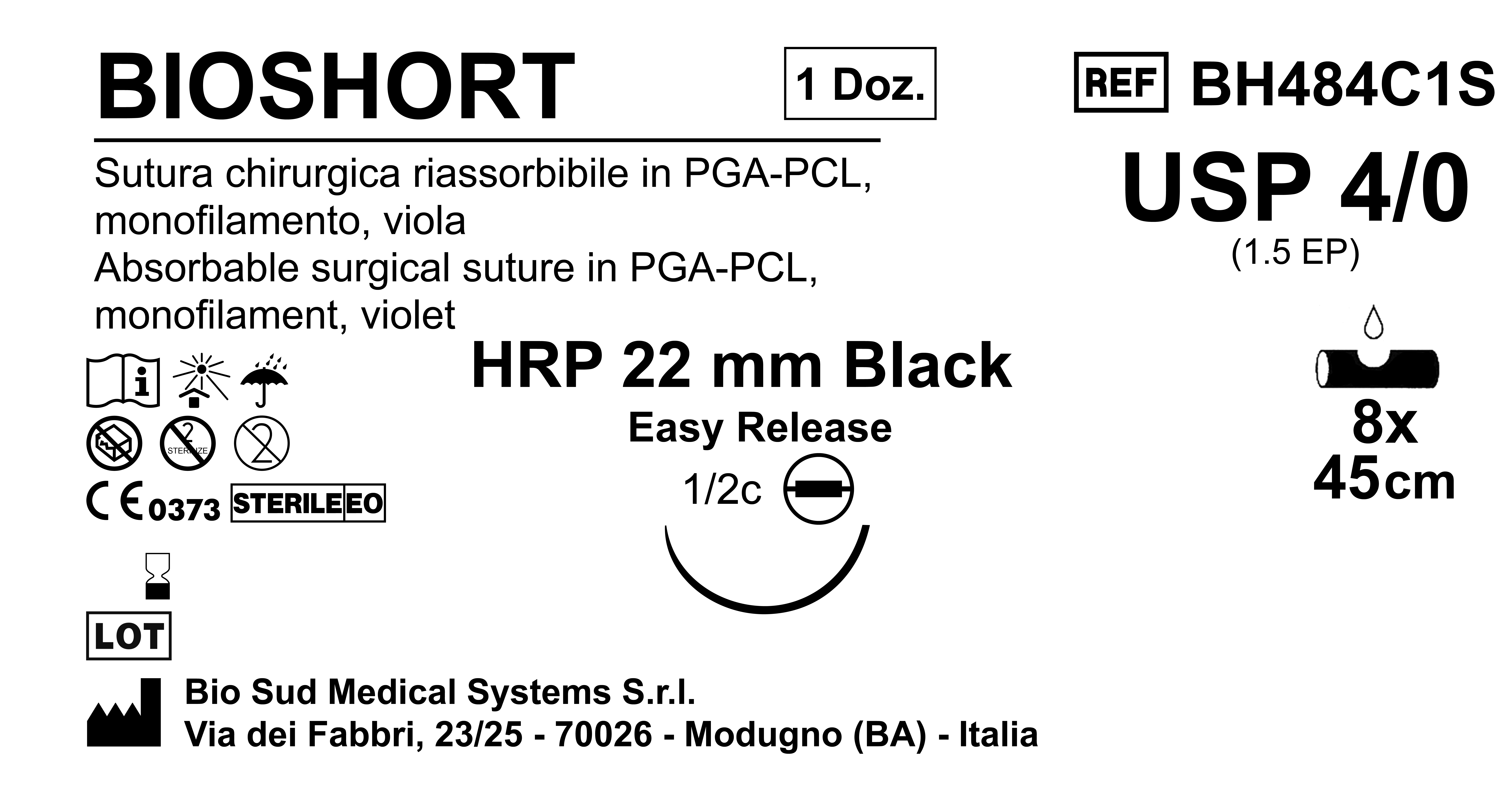 Sutura Bioshort HR 22 USP 4-0  - EP 1.5 45 cm 8 Violet Thr.; needle plus black Easy Release; Box 12 pcs