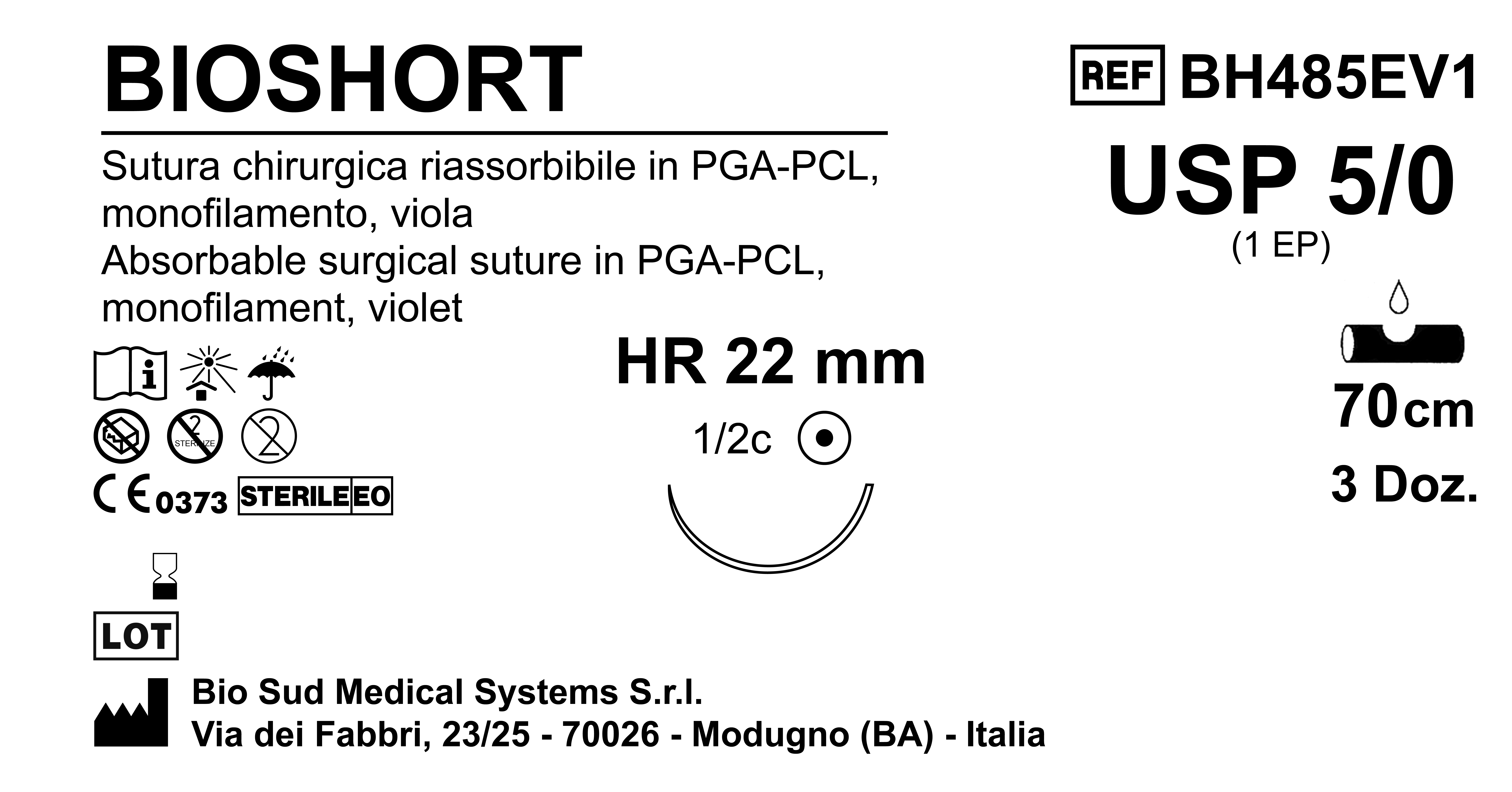Sutura Bioshort HR22 USP 5-0 - EP 1 70 cm Violet Box 36 pcs