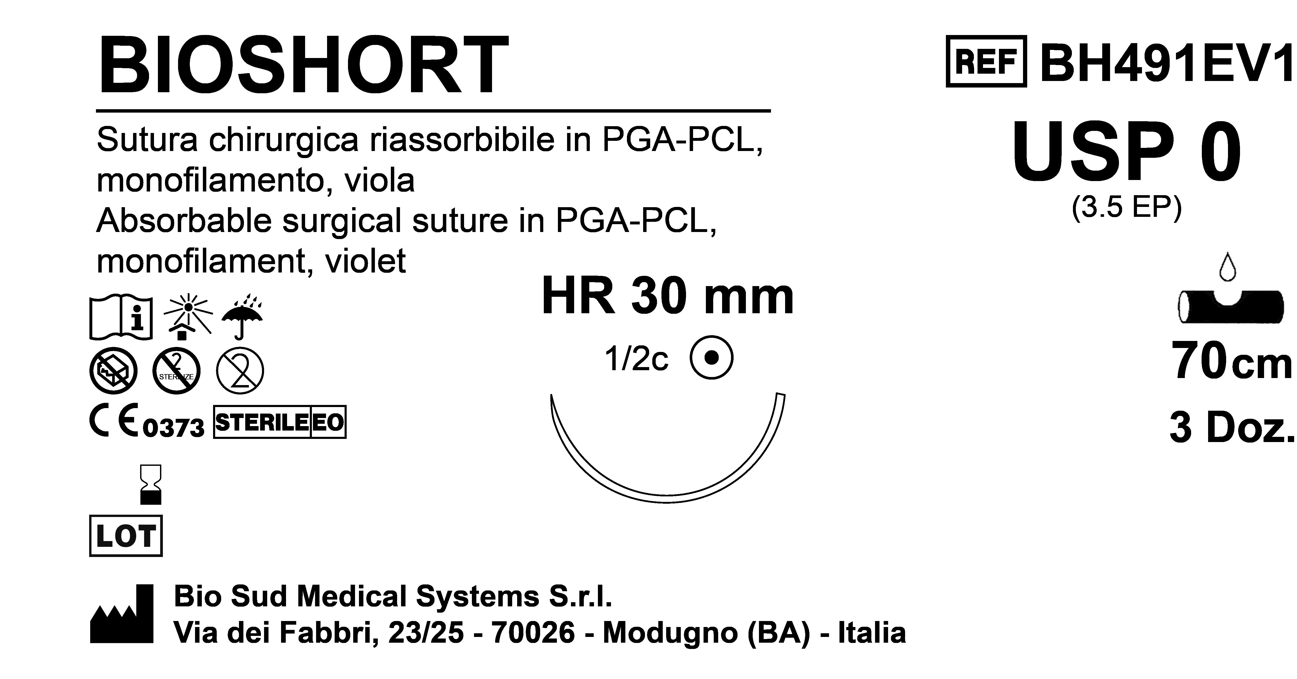 Sutura Bioshort HR30 USP 0 - EP 3.5 70 cm Violet Box 36 pcs