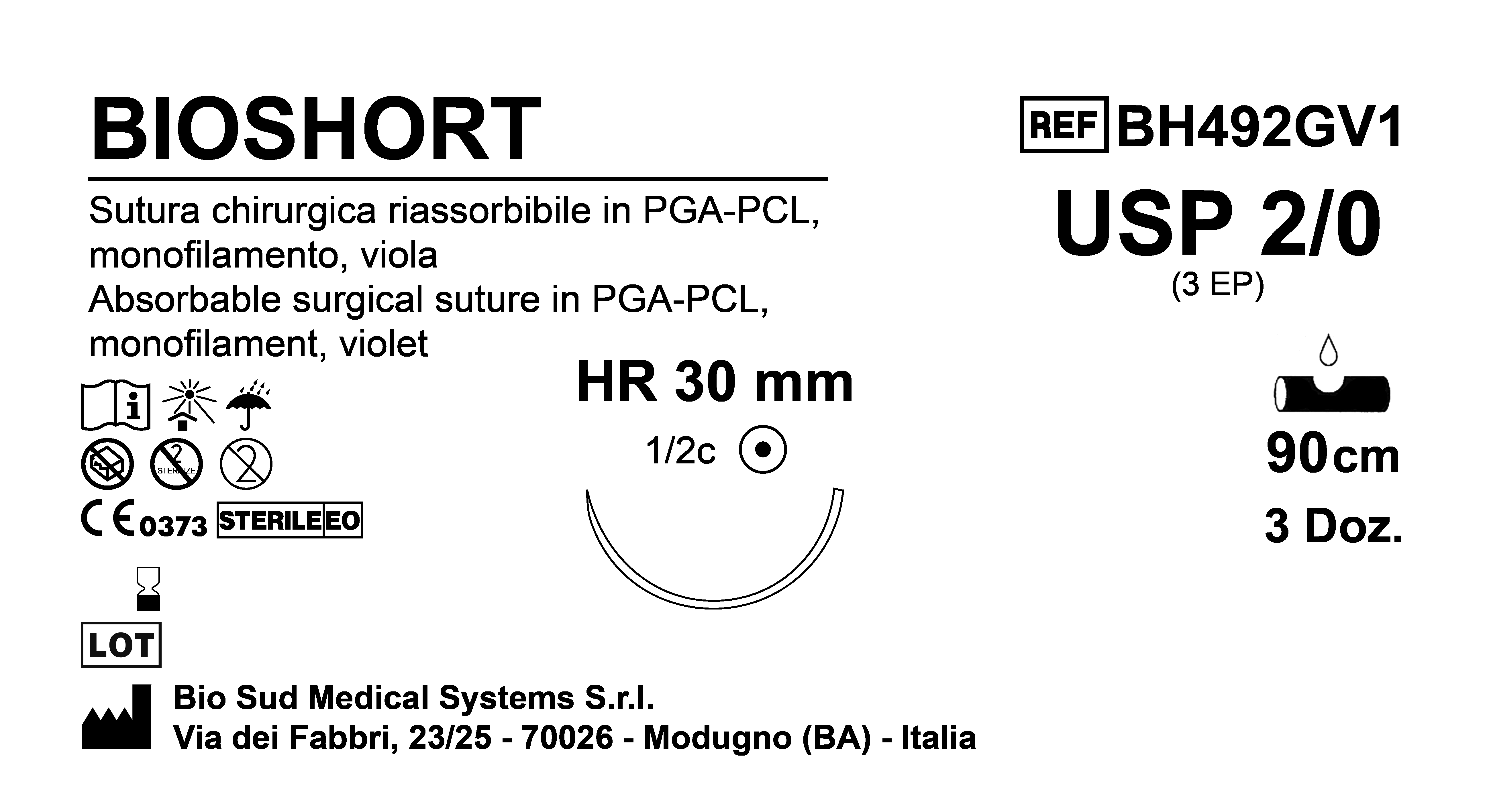 Sutura Bioshort HR30 USP 2-0 - EP 3 90 cm Violet Box 36 pcs