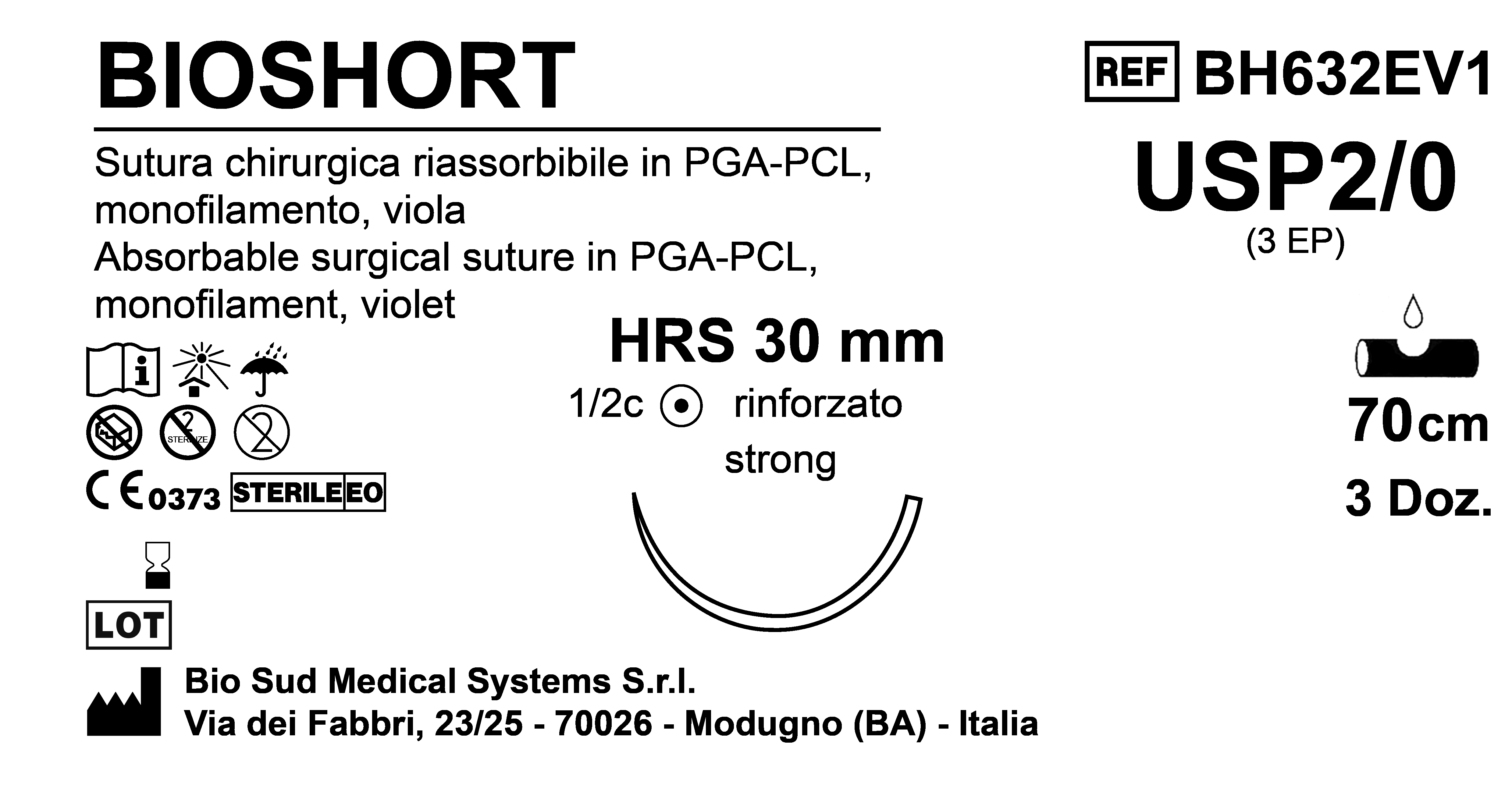 Sutura Bioshort HRS 30 USP 2-0 - EP 3 70 cm Violet Box 36 pcs