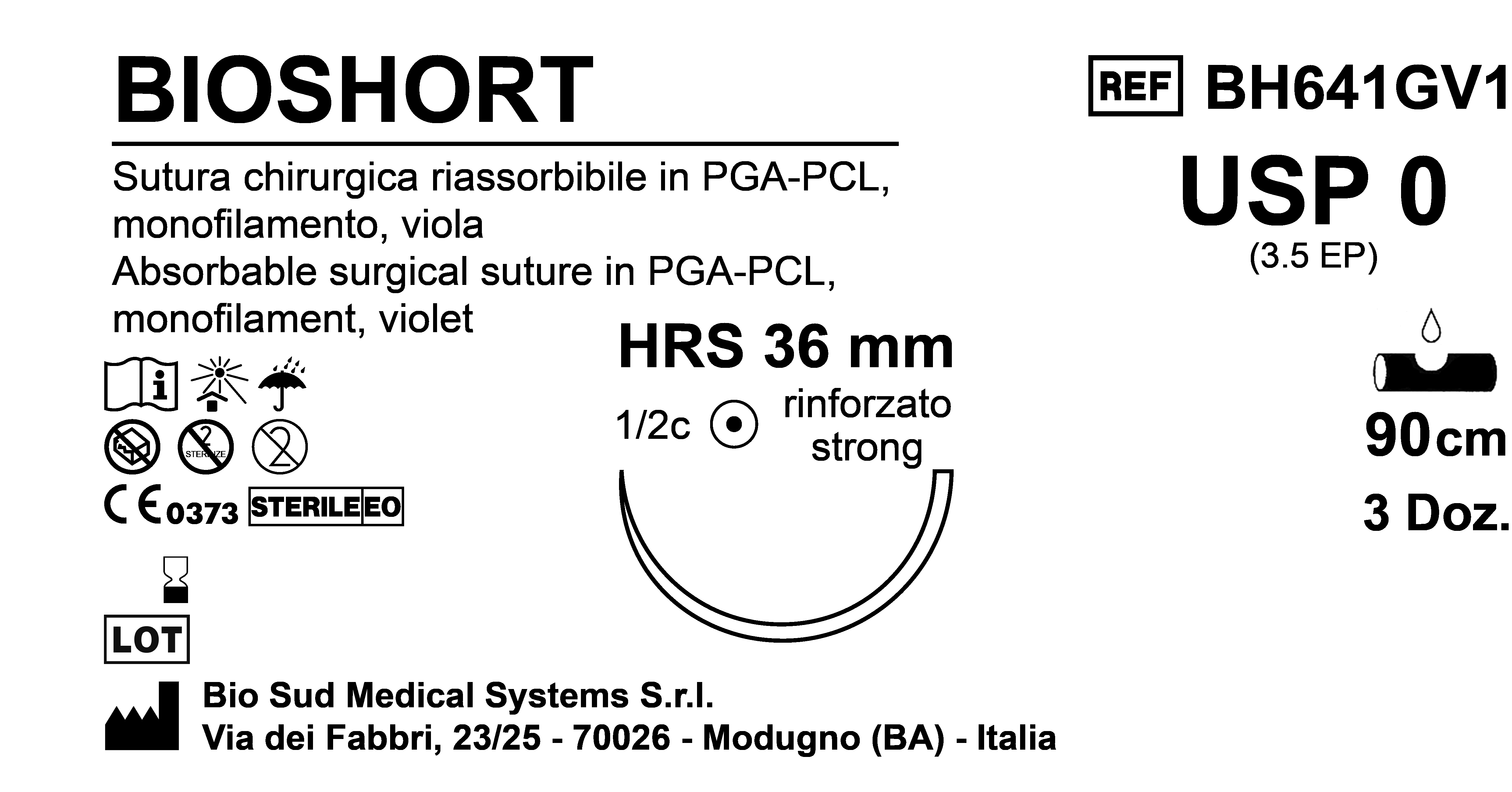 Sutura Bioshort HRS36 USP 0 - EP 3.5 90 cm Violet Box 36 pcs