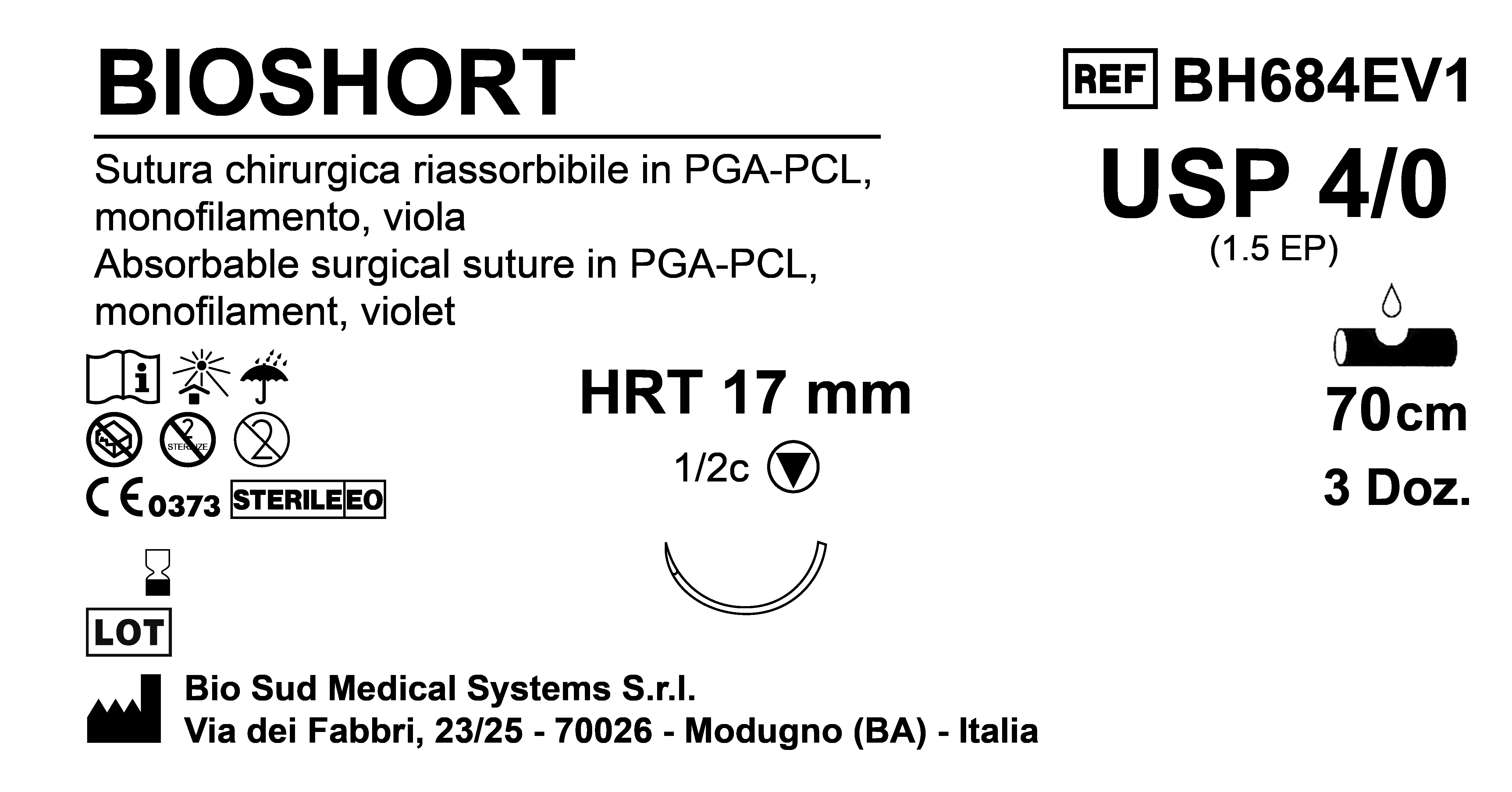 Sutura Bioshort HRT17 USP 4-0  - EP 1.5 70 cm Violet Box 36 pcs