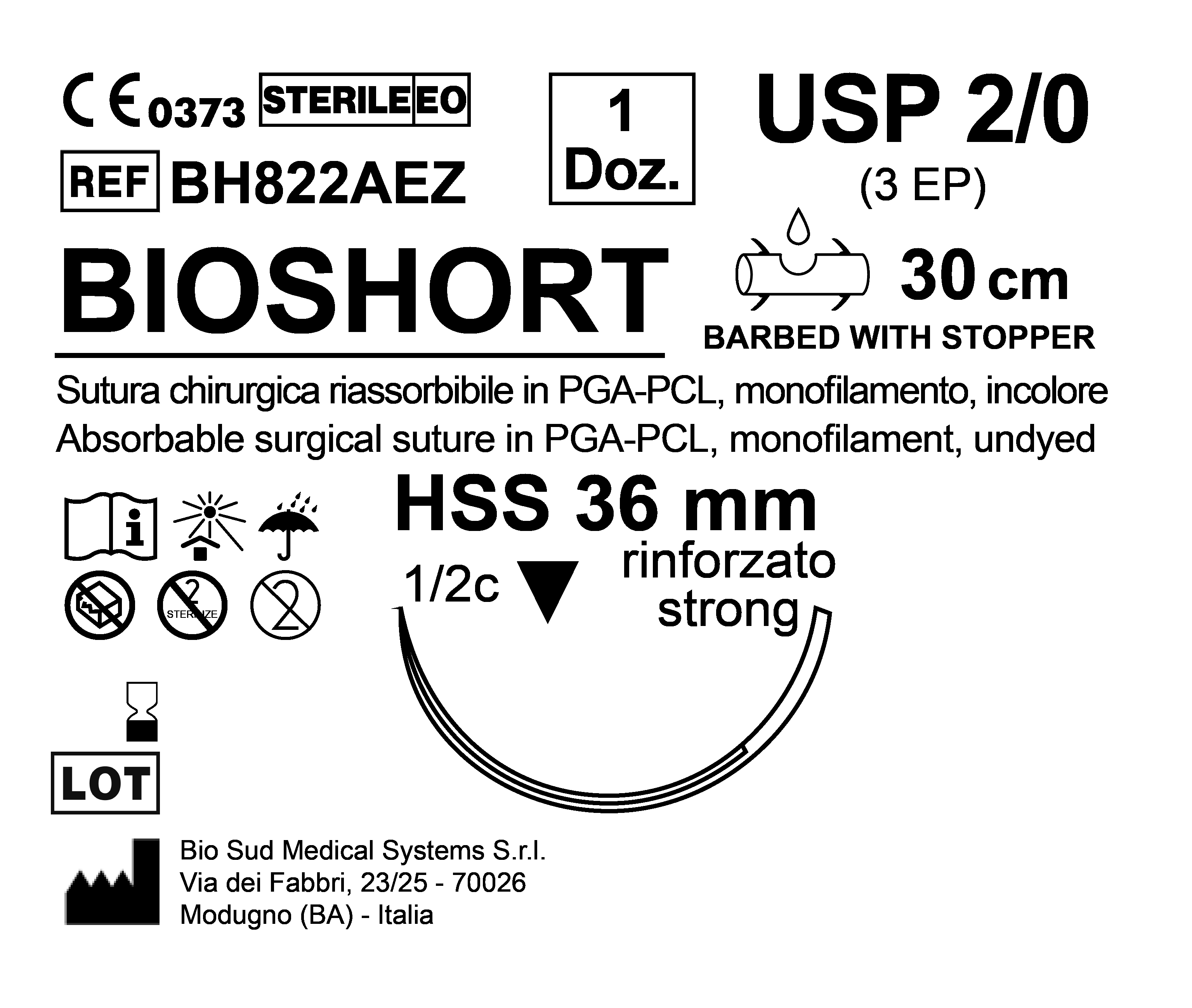 Sutura Bioshort HSS 36 USP 2-0 - EP 3 30 cm Undyed Barbed Box 12 pcs