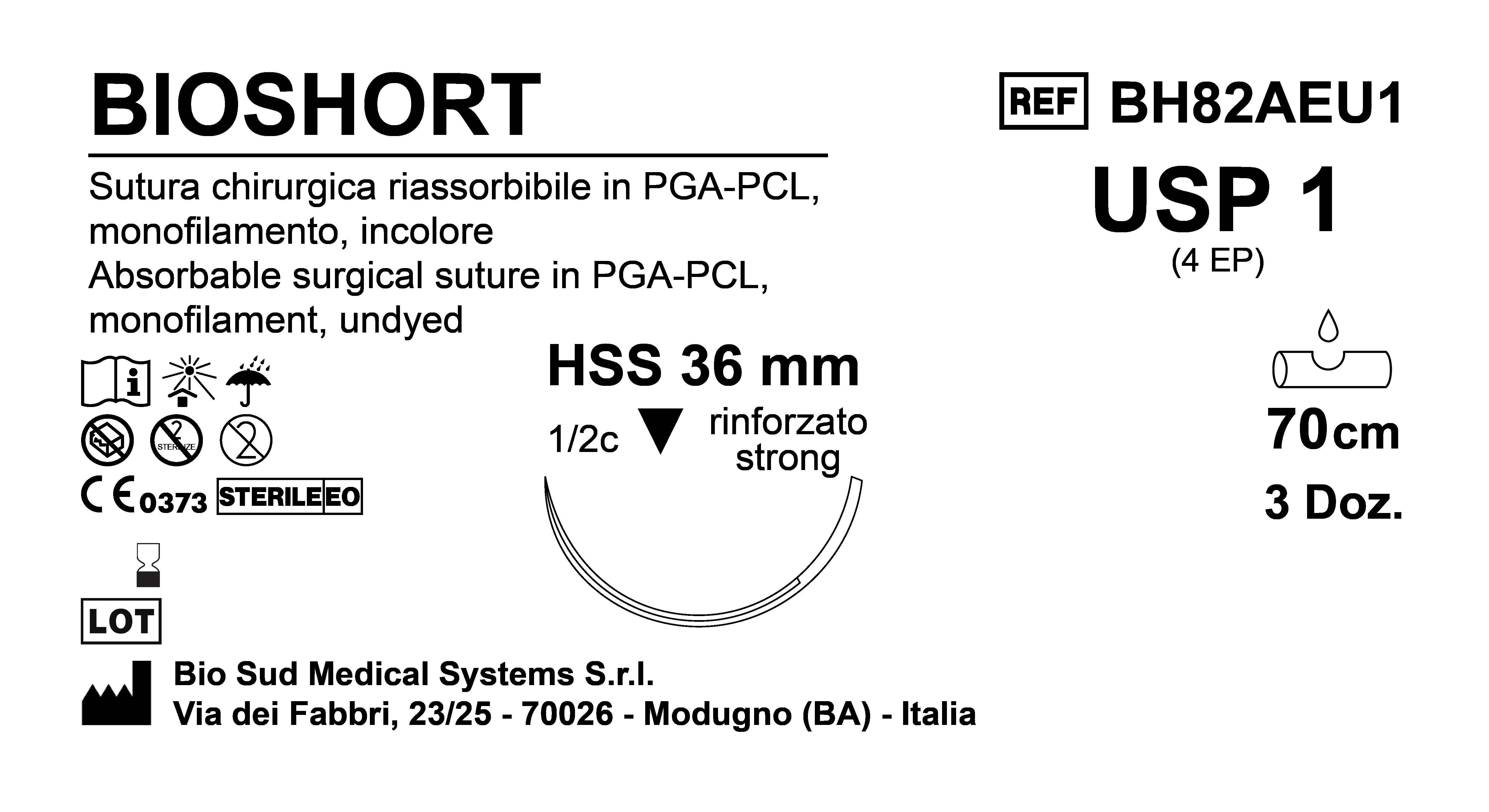 Sutura Bioshort HSS 36 USP 1 - EP 4 70 cm Undyed Box 36 pcs