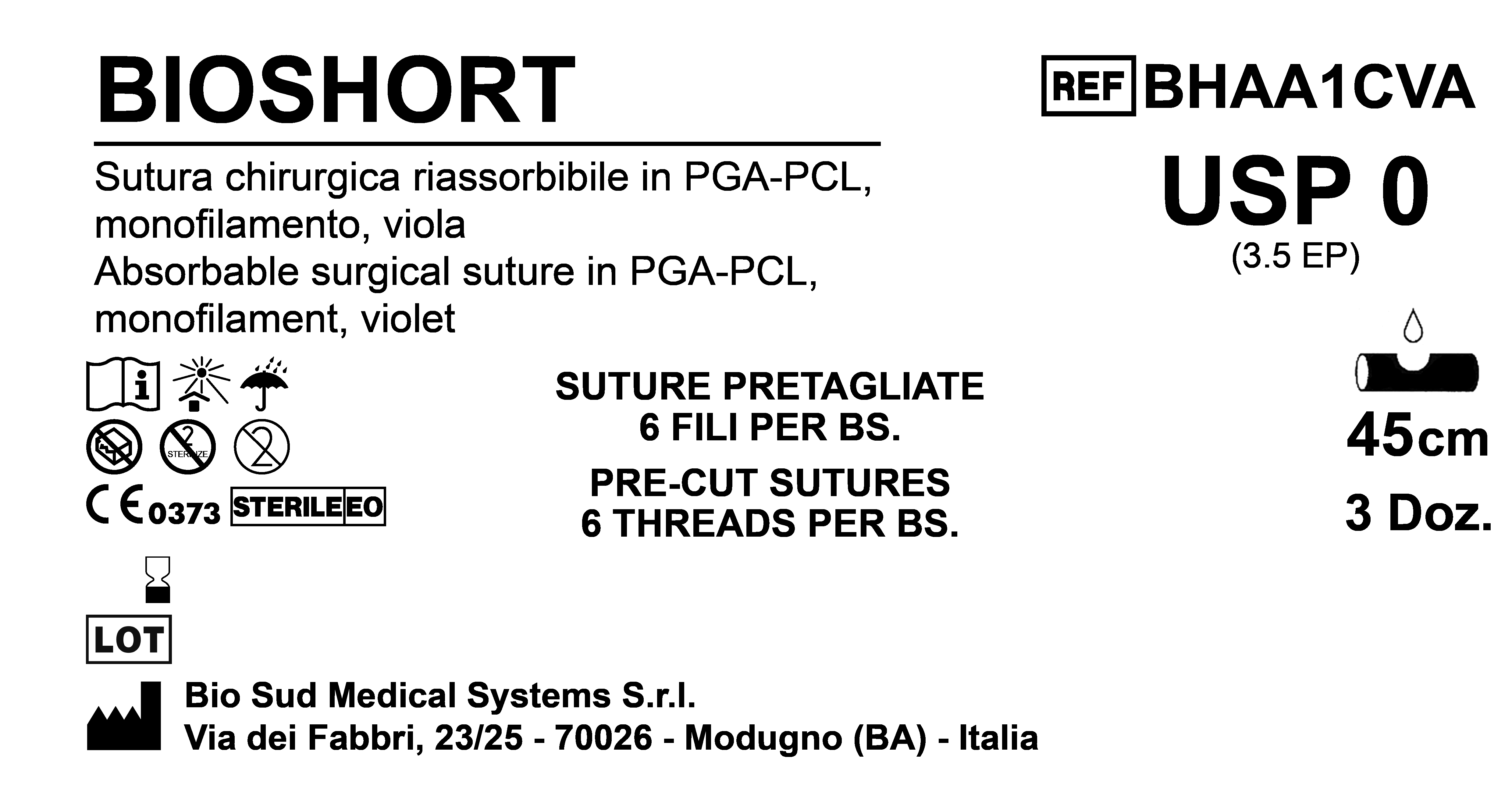 Sutura Bioshort Precutted USP 0 - EP 3.5 45 cm Violet Bs. 36 x 6 Threads