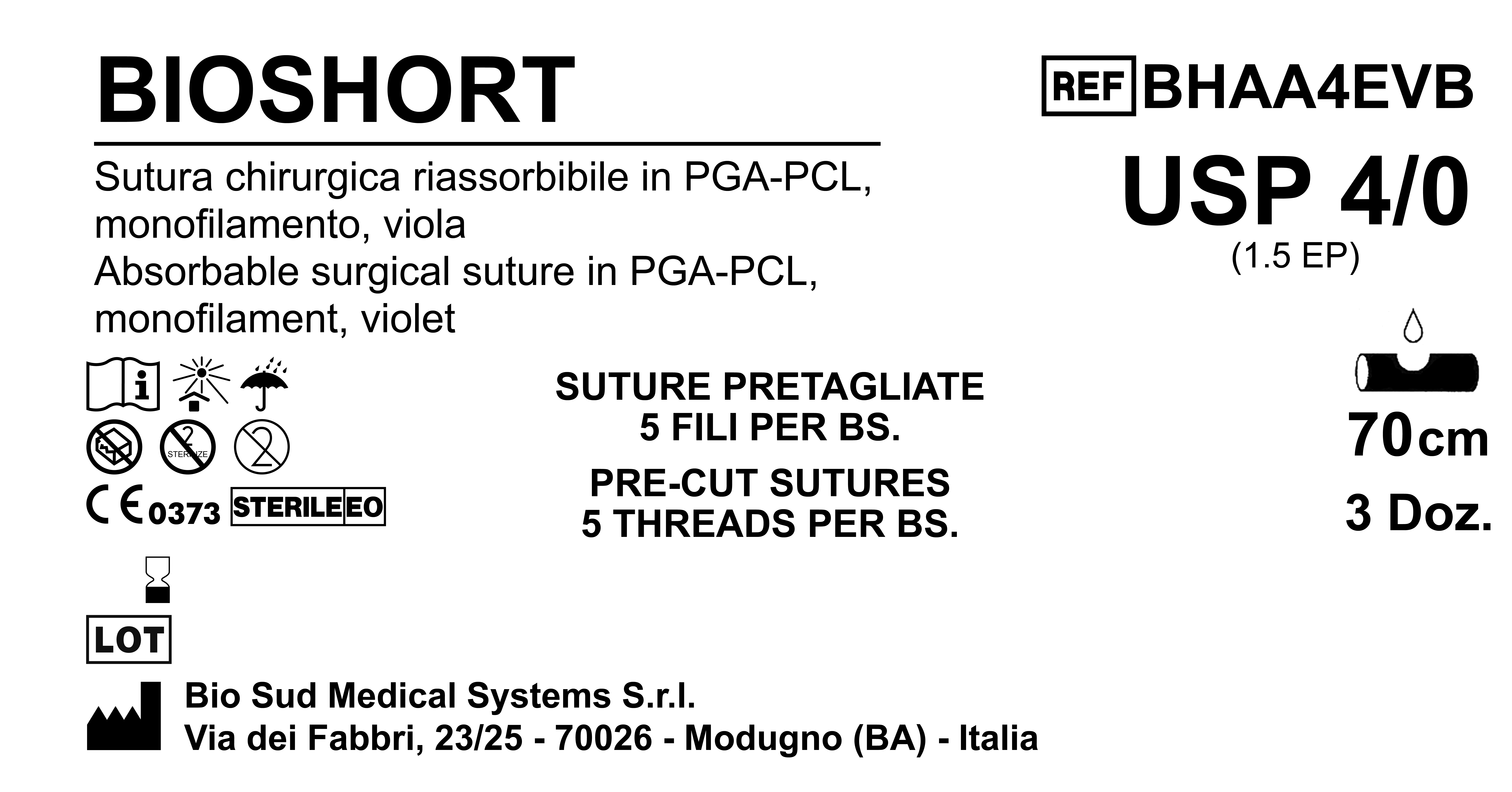 Sutura Bioshort Precutted USP 4-0  - EP 1.5 70 cm Violet Bs. 36 x 5 Threads