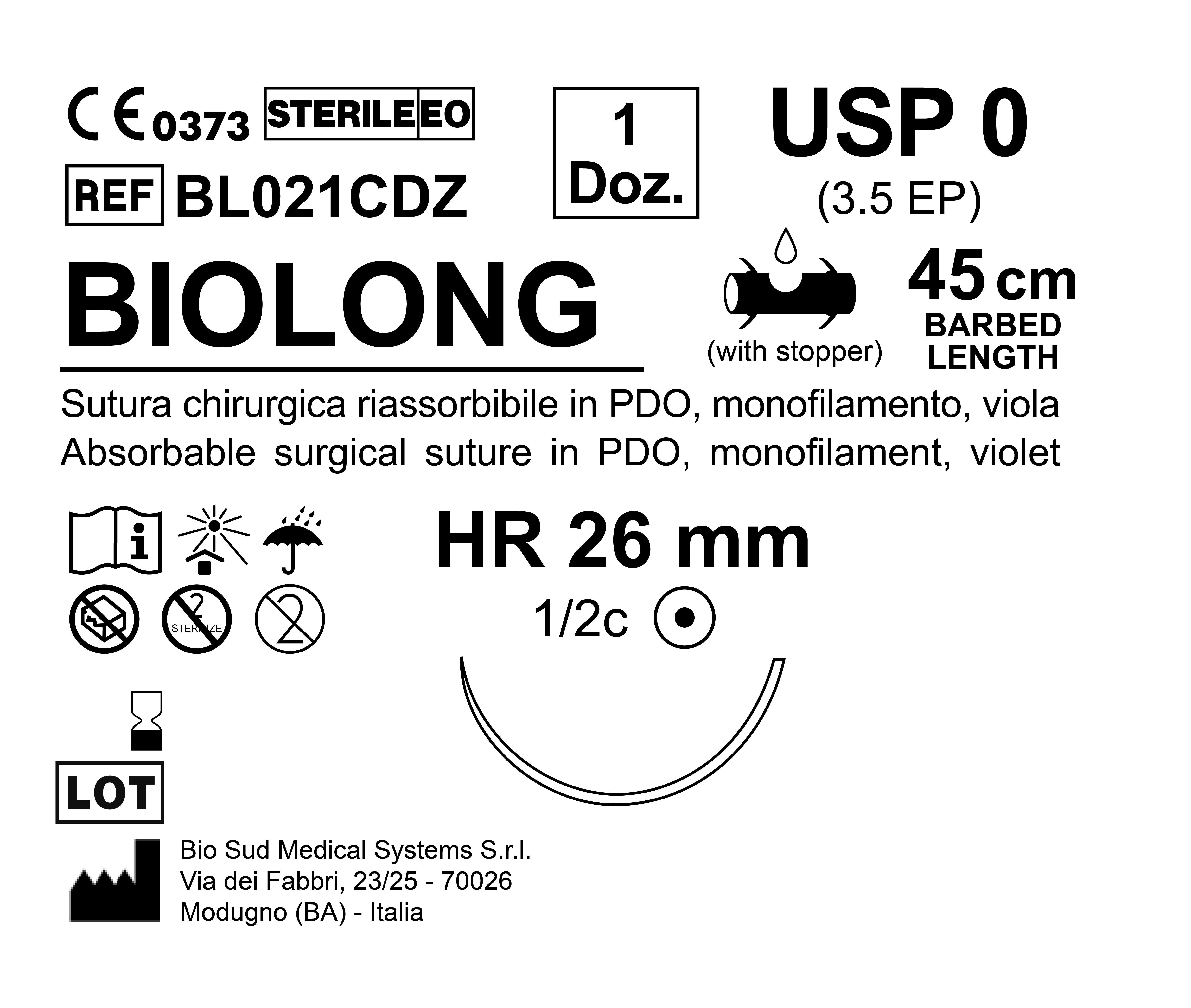 Sutura Biolong HR 26 USP 0 - EP 3.5 45 cm Violet Barbed Box 12 pcs