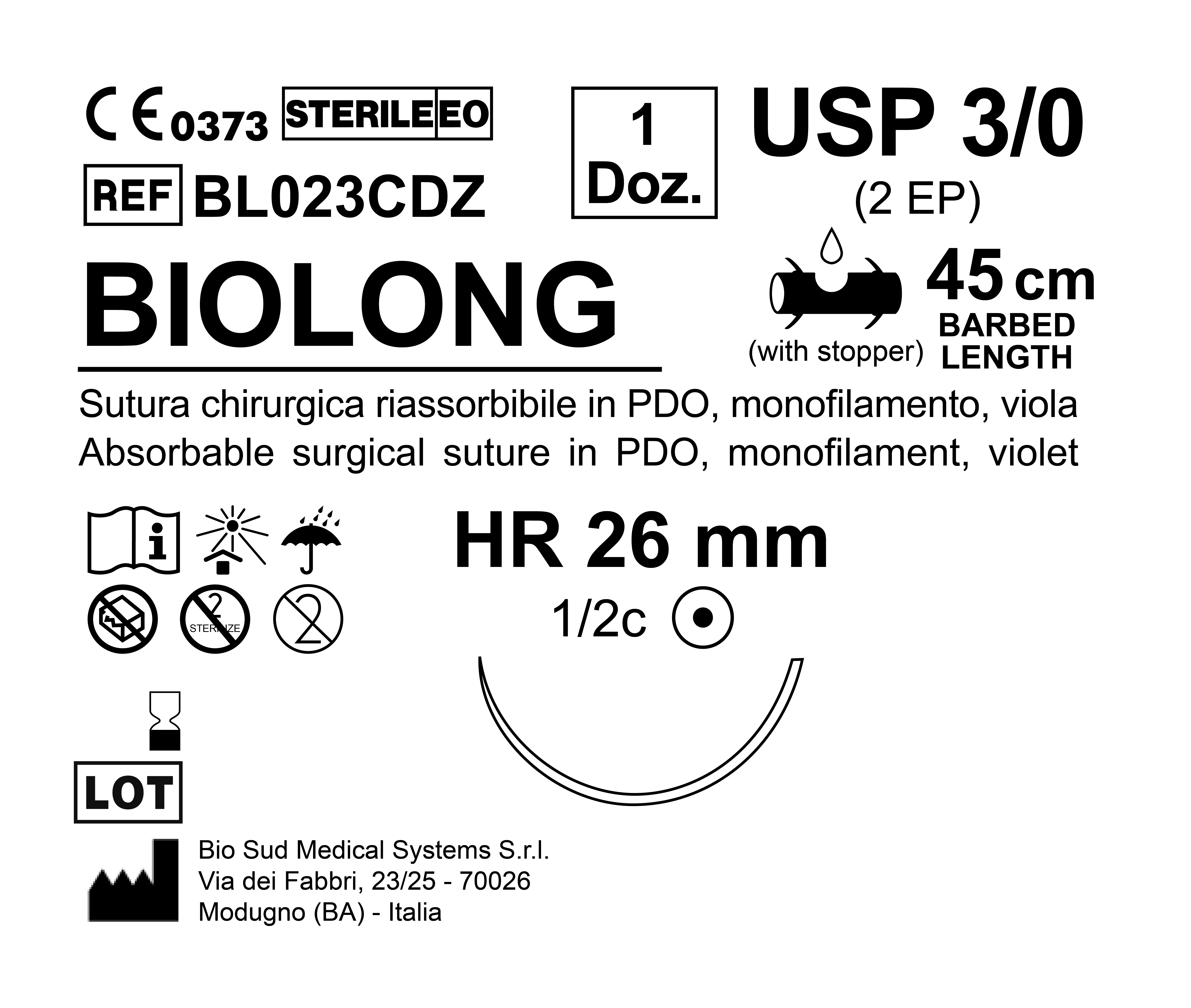 Sutura Biolong HR 26 USP 3-0 - EP 2 45 cm Violet Barbed Box 12 pcs
