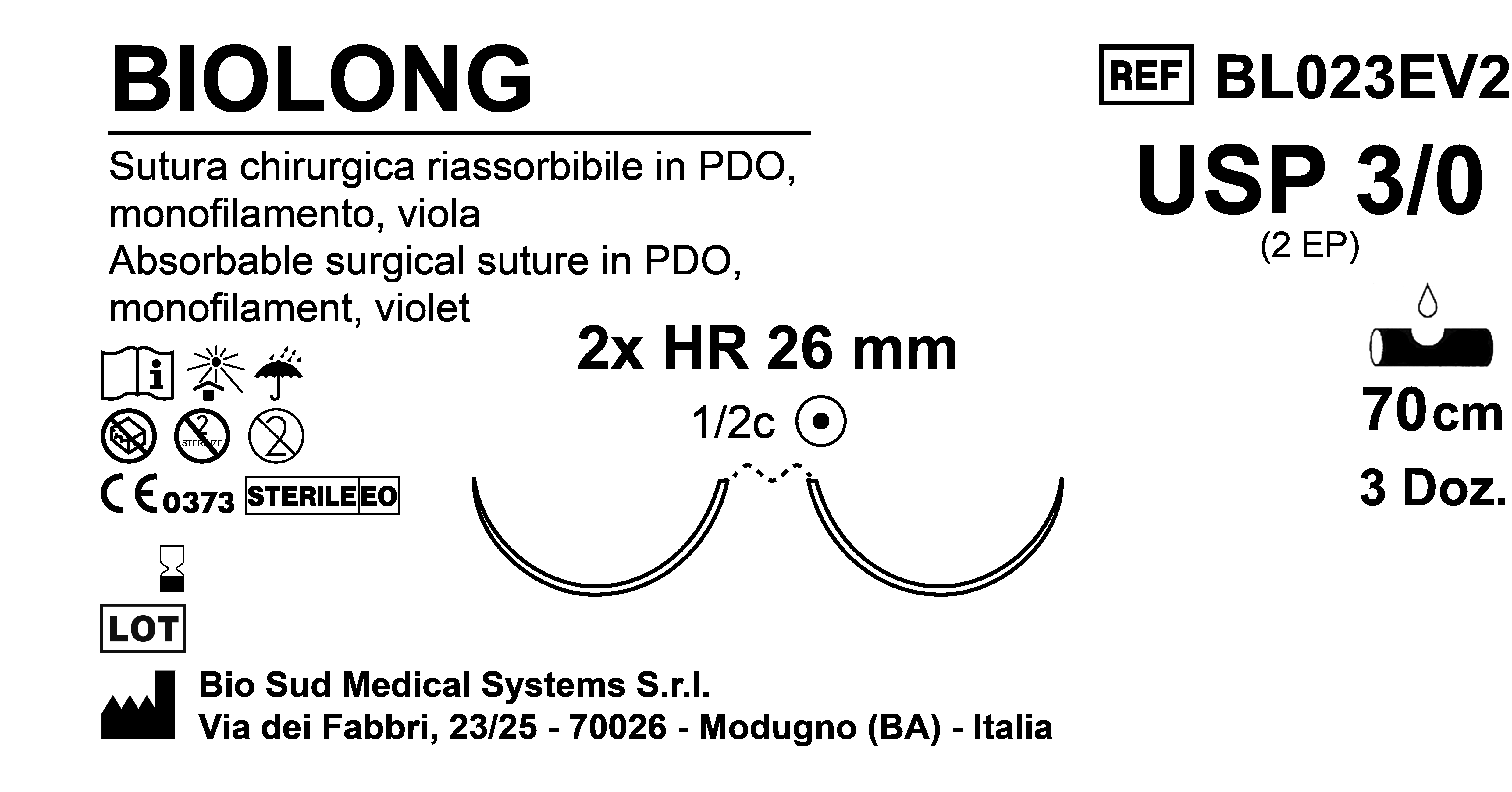 Sutura Biolong HR26 USP 3-0 - EP 2 70 cm Violet Double Armed  Box 36 pcs