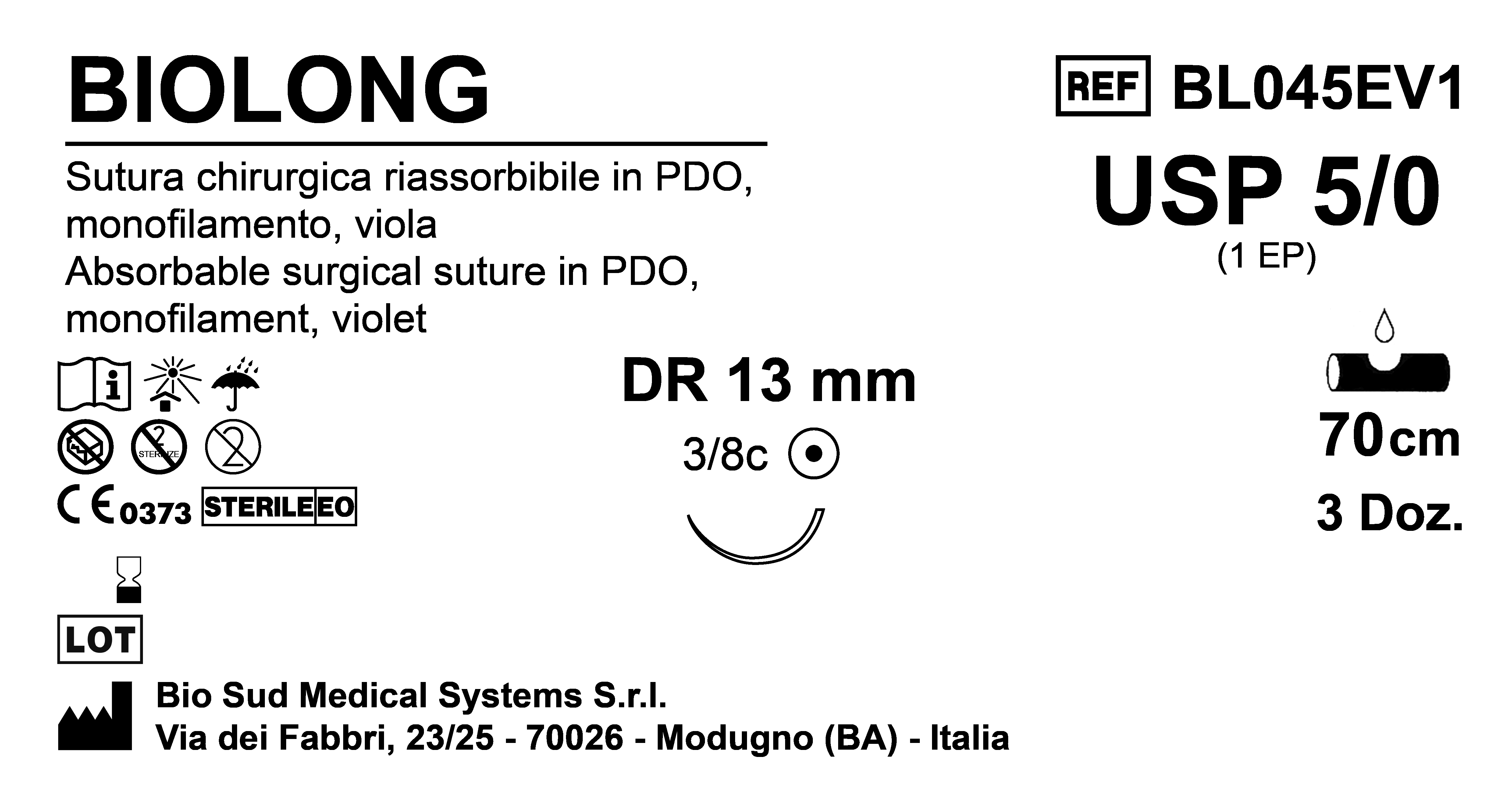Sutura Biolong DR13 USP 5-0 - EP 1 70 cm Violet Box 36 pcs