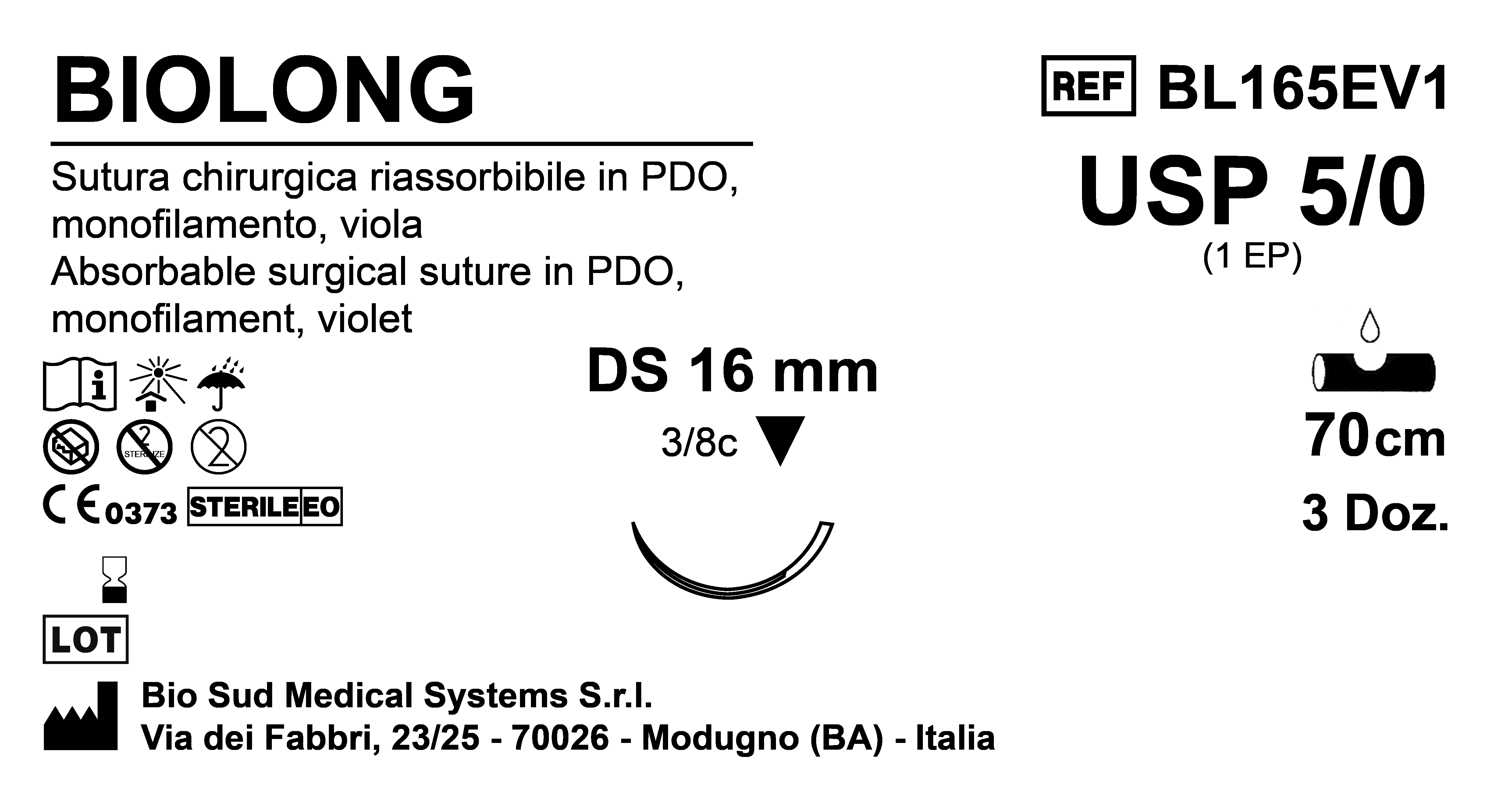 Sutura Biolong DS 16 USP 5-0 - EP 1 70 cm Violet Box 36 pcs