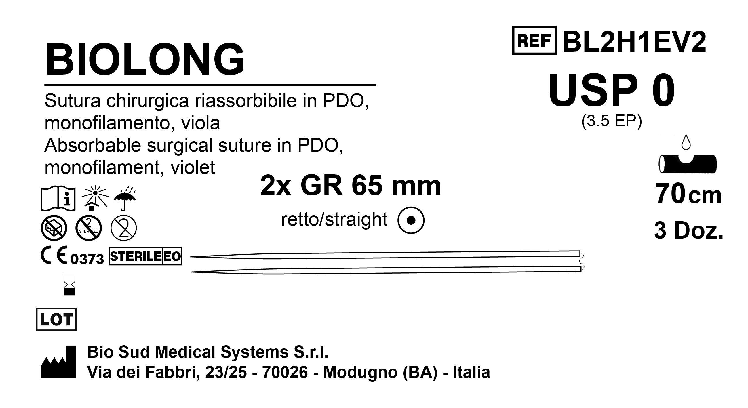 Sutura Biolong GR65 USP 0 - EP 3.5 70 cm Violet Double Armed  Box 36 pcs