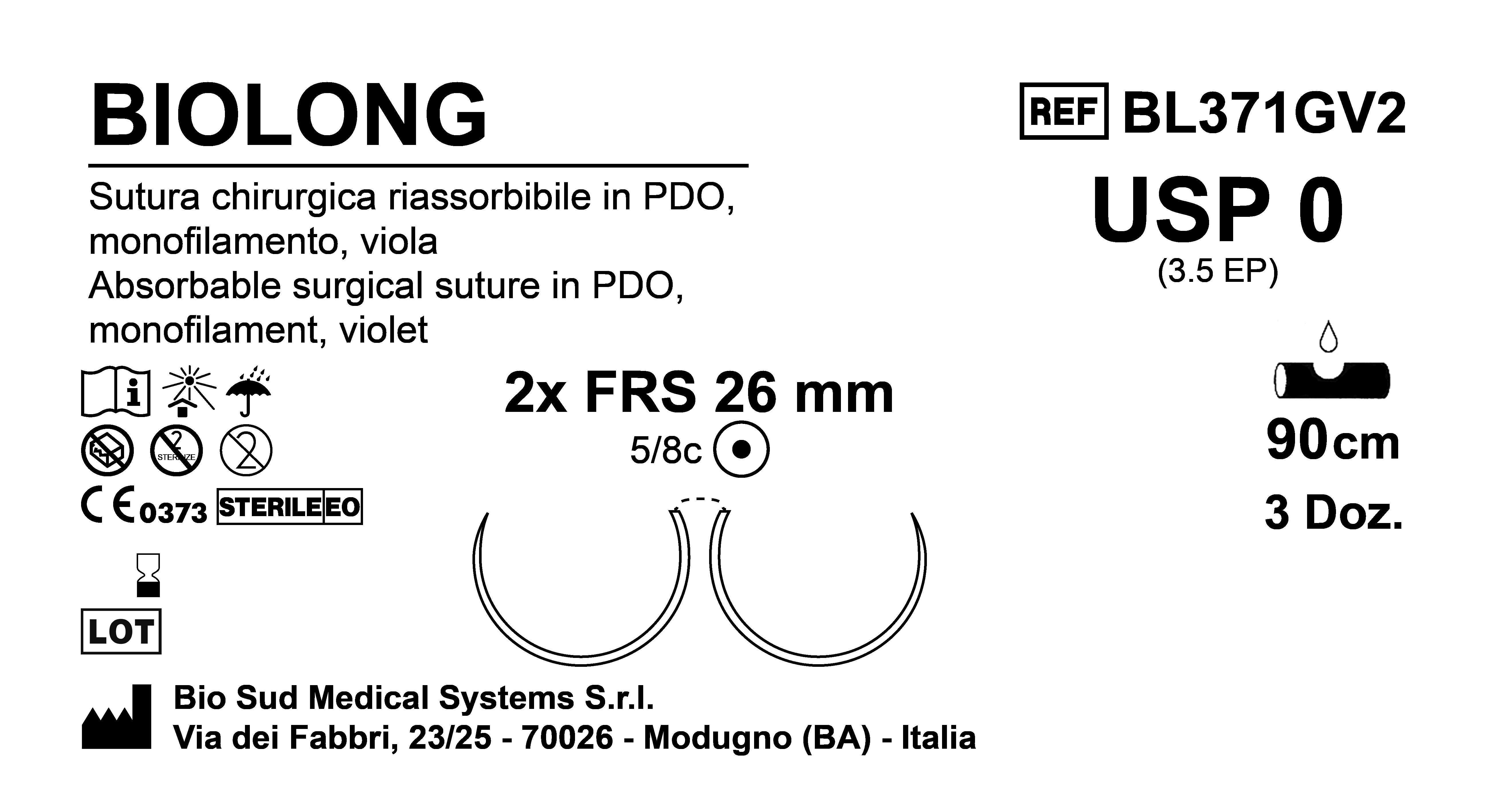 Sutura Biolong FRS26 USP 0 - EP 3.5 90 cm Violet Double Armed  Box 36 pcs