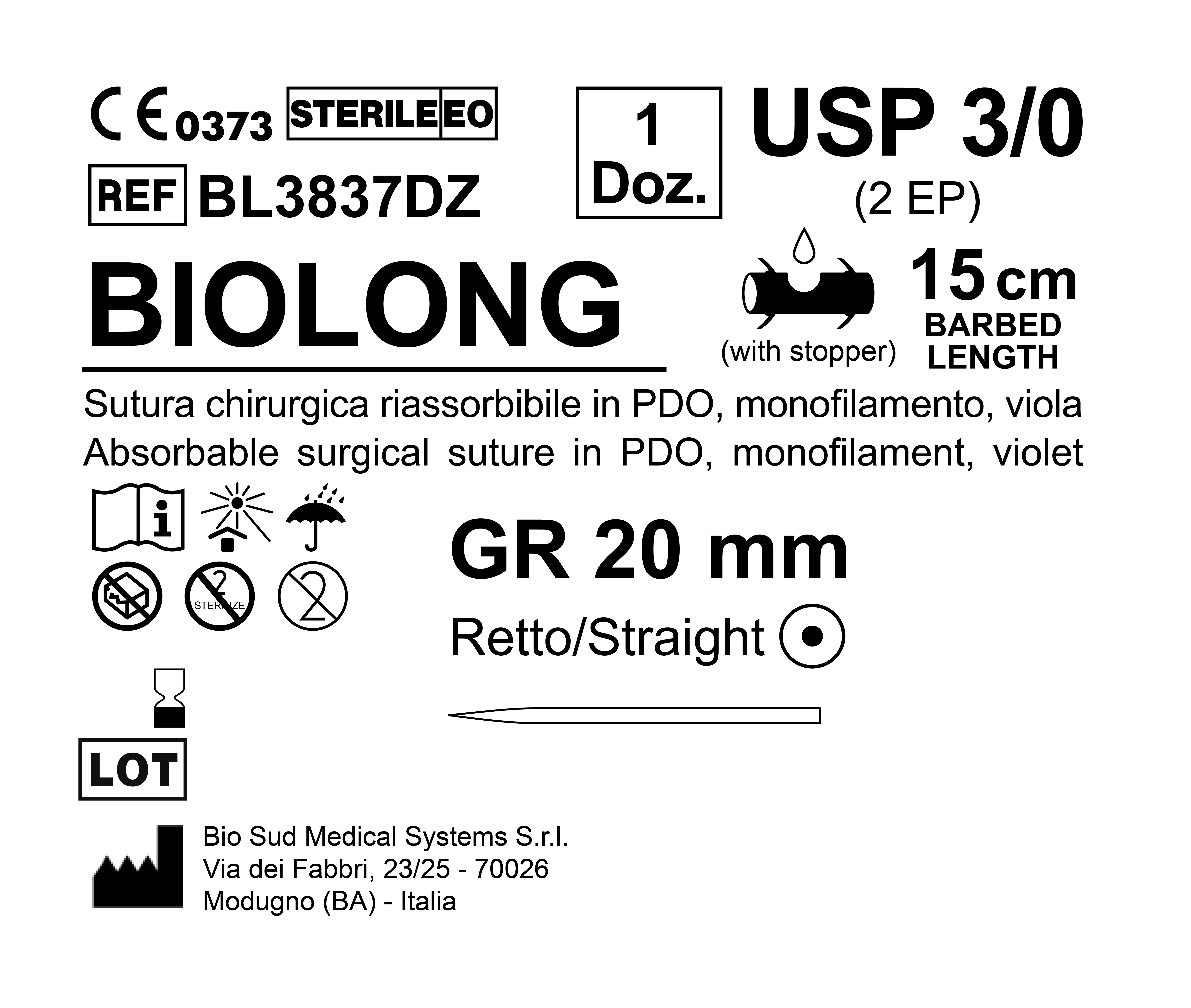 Sutura Biolong GR 20 USP 3-0 - EP 2 15 cm Violet Barbed Box 12 pcs