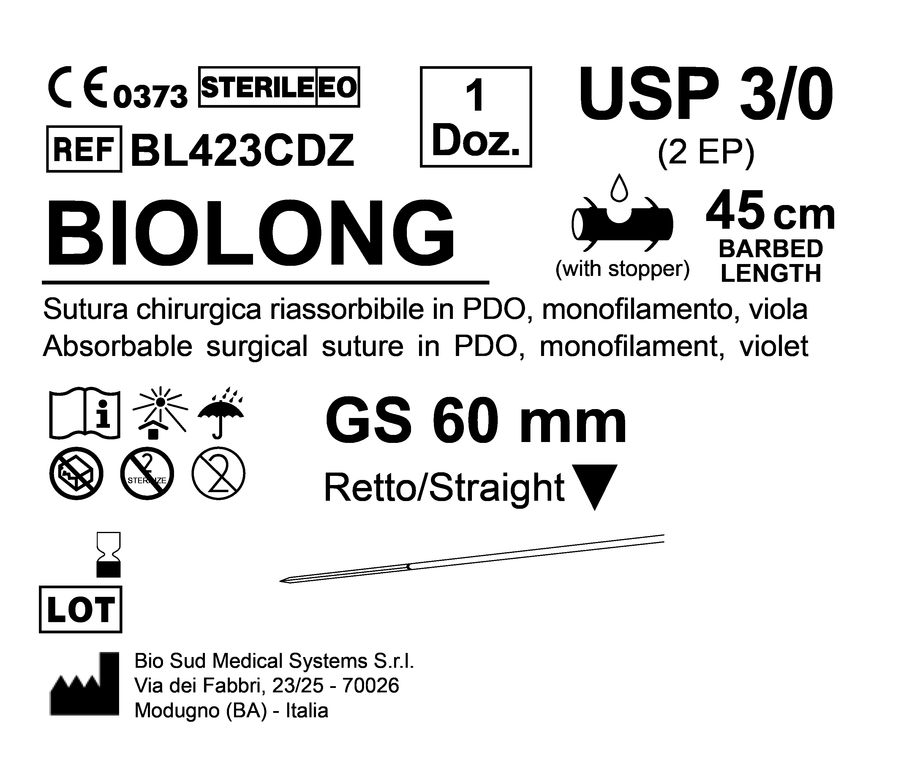 Sutura Biolong GS 60 USP 3-0 - EP 2 45 cm Violet Barbed Box 12 pcs