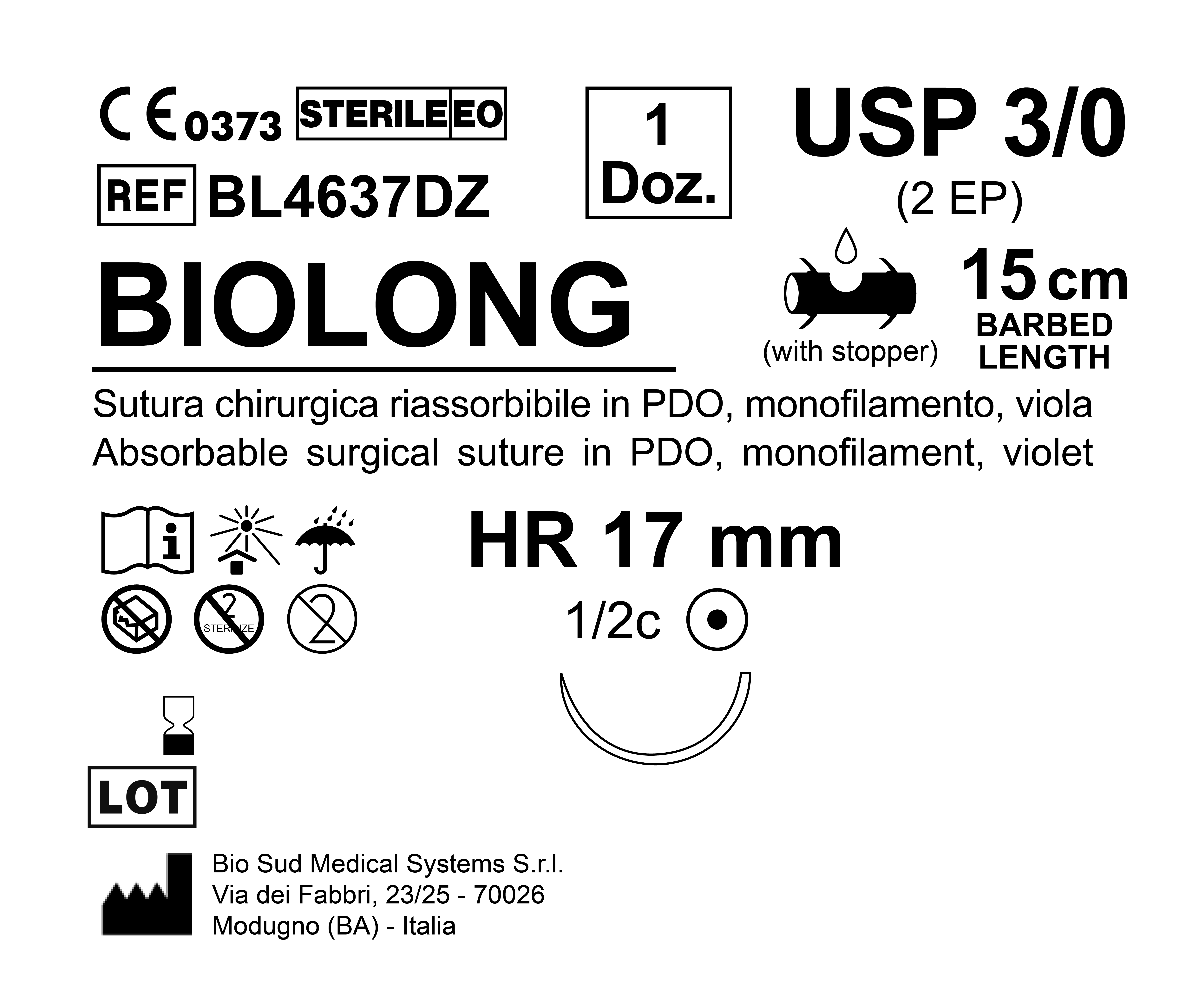 Sutura Biolong HR 17 USP 3-0 - EP 2 15 cm Violet Barbed Box 12 pcs