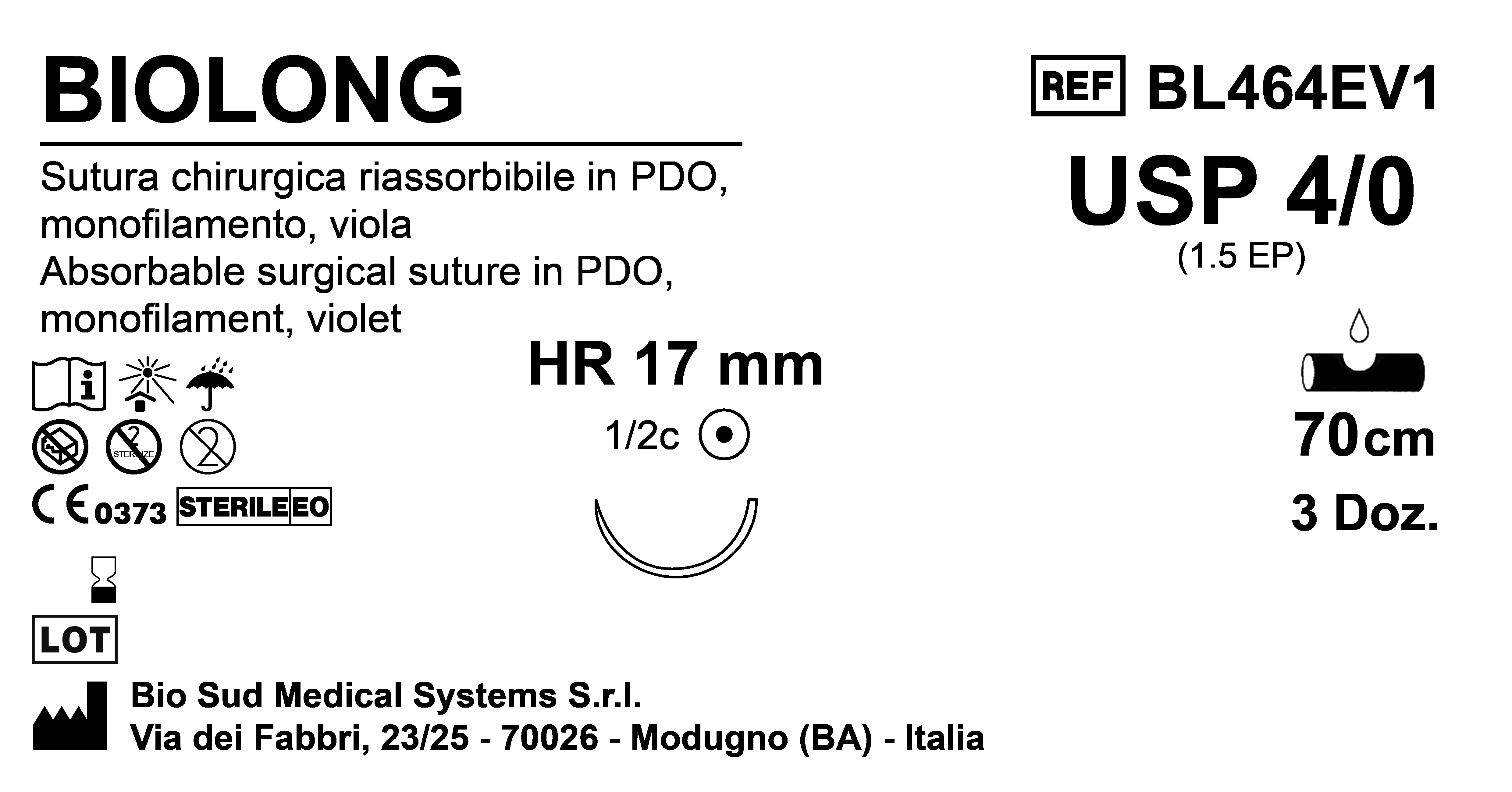 Sutura Biolong HR17 USP 4-0  - EP 1.5 70 cm Violet Box 36 pcs