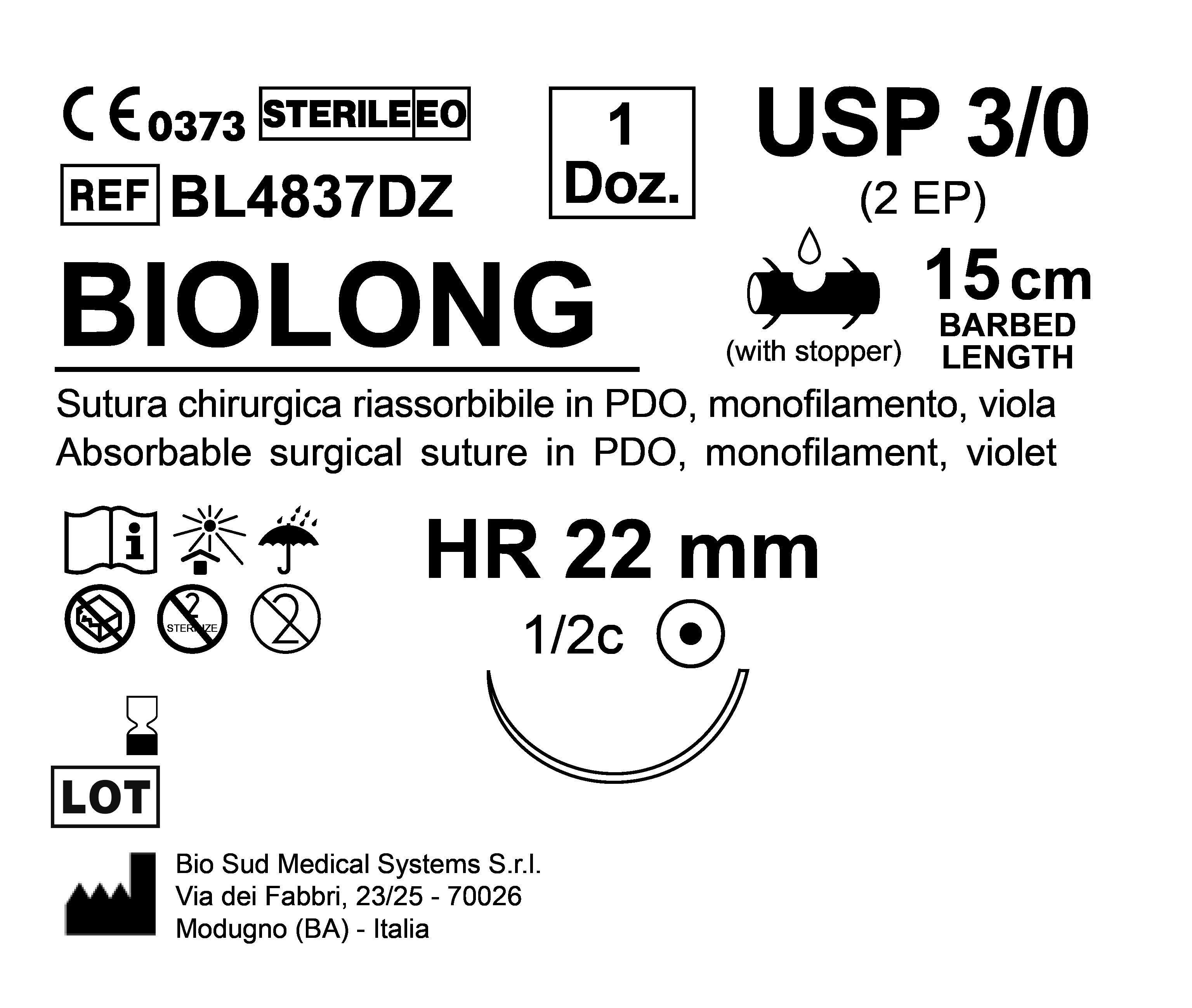 Sutura Biolong HR 22 USP 3-0 - EP 2 15 cm Violet Barbed Box 12 pcs
