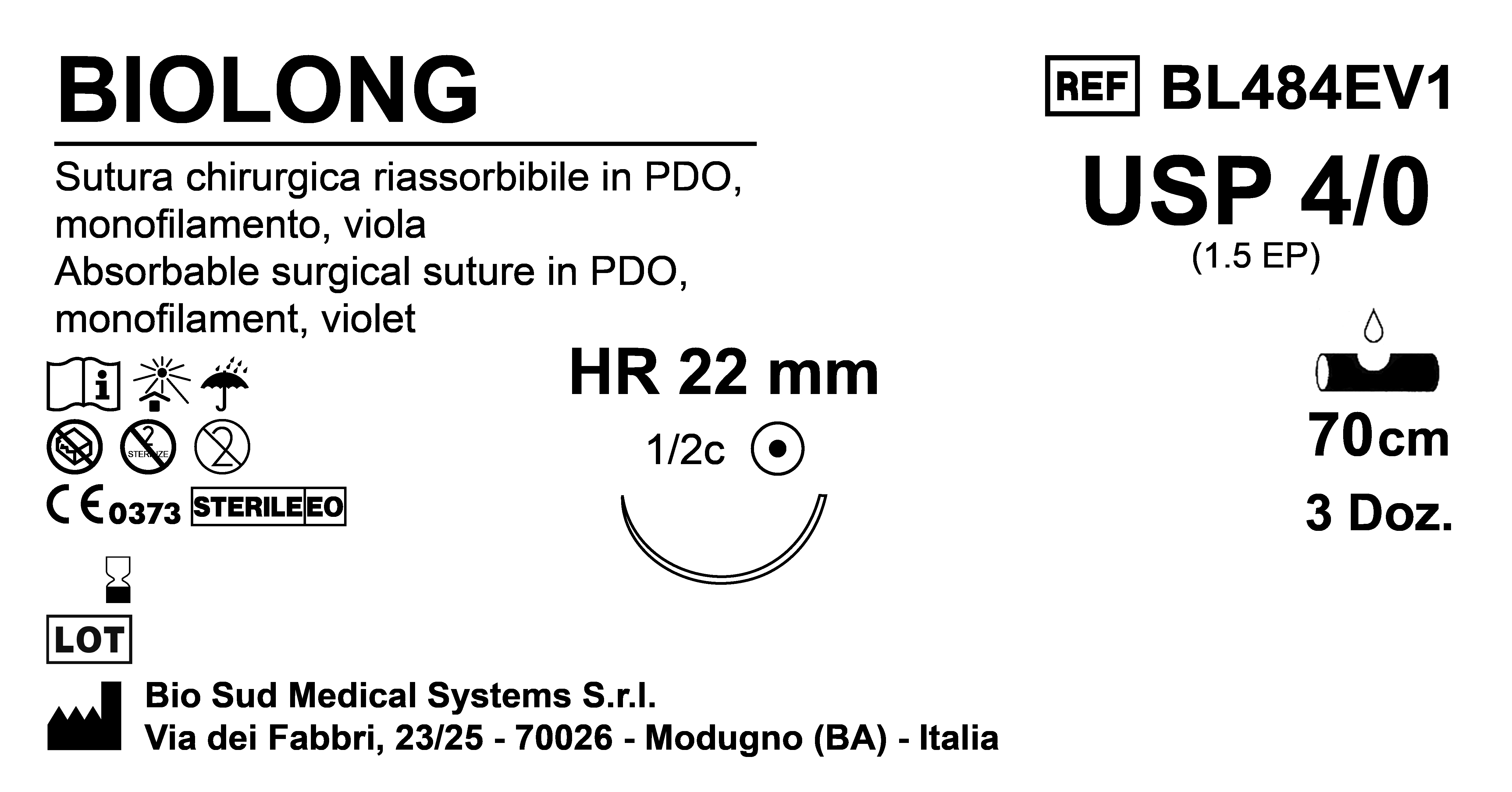 Sutura Biolong HR22 USP 4-0  - EP 1.5 70 cm Violet Box 36 pcs