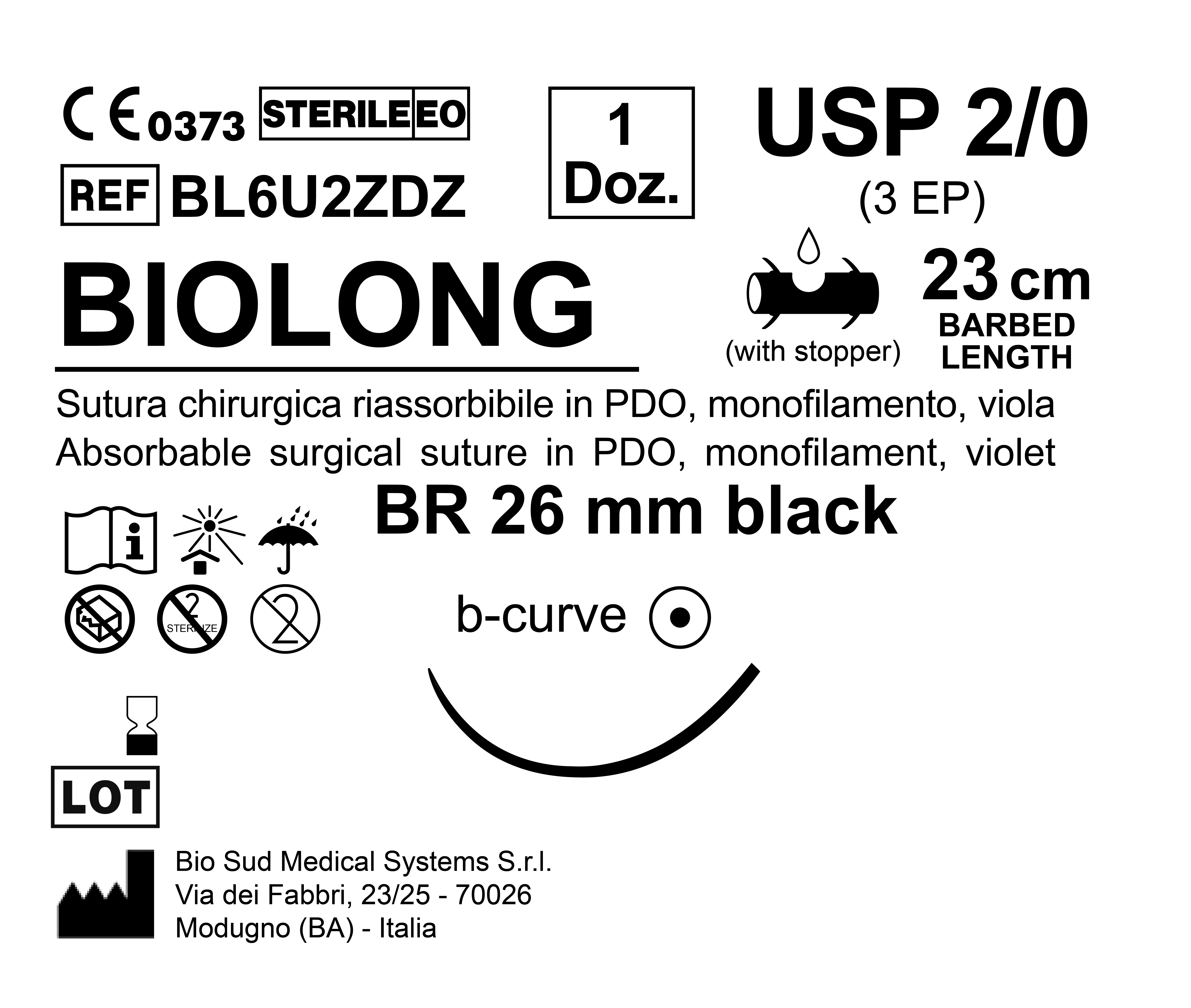 Sutura Biolong BR 26 USP 2-0 - EP 3 23 cm Violet Barbed Box 12 pcs