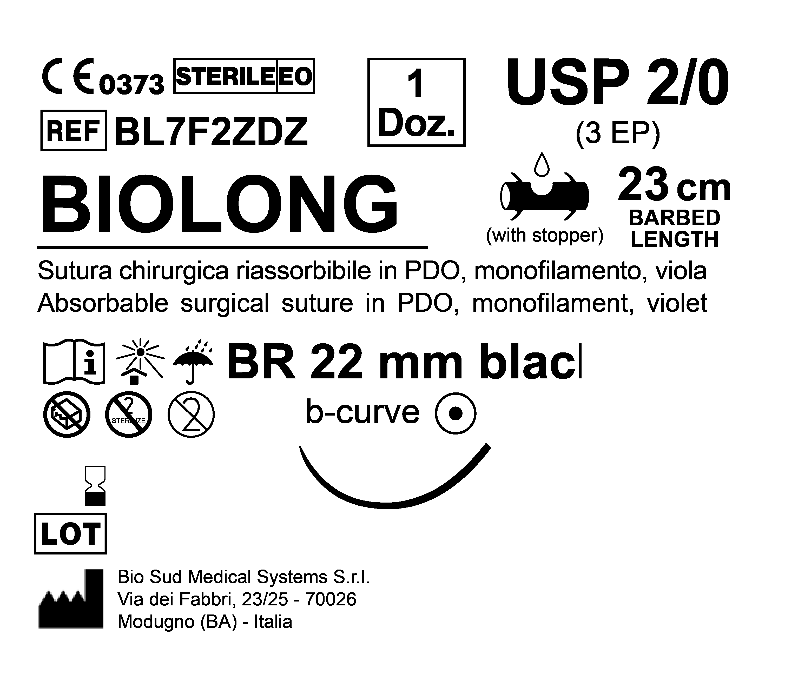 Sutura Biolong BR 22 USP 2-0 - EP 3 23 cm Violet Barbed Box 12 pcs