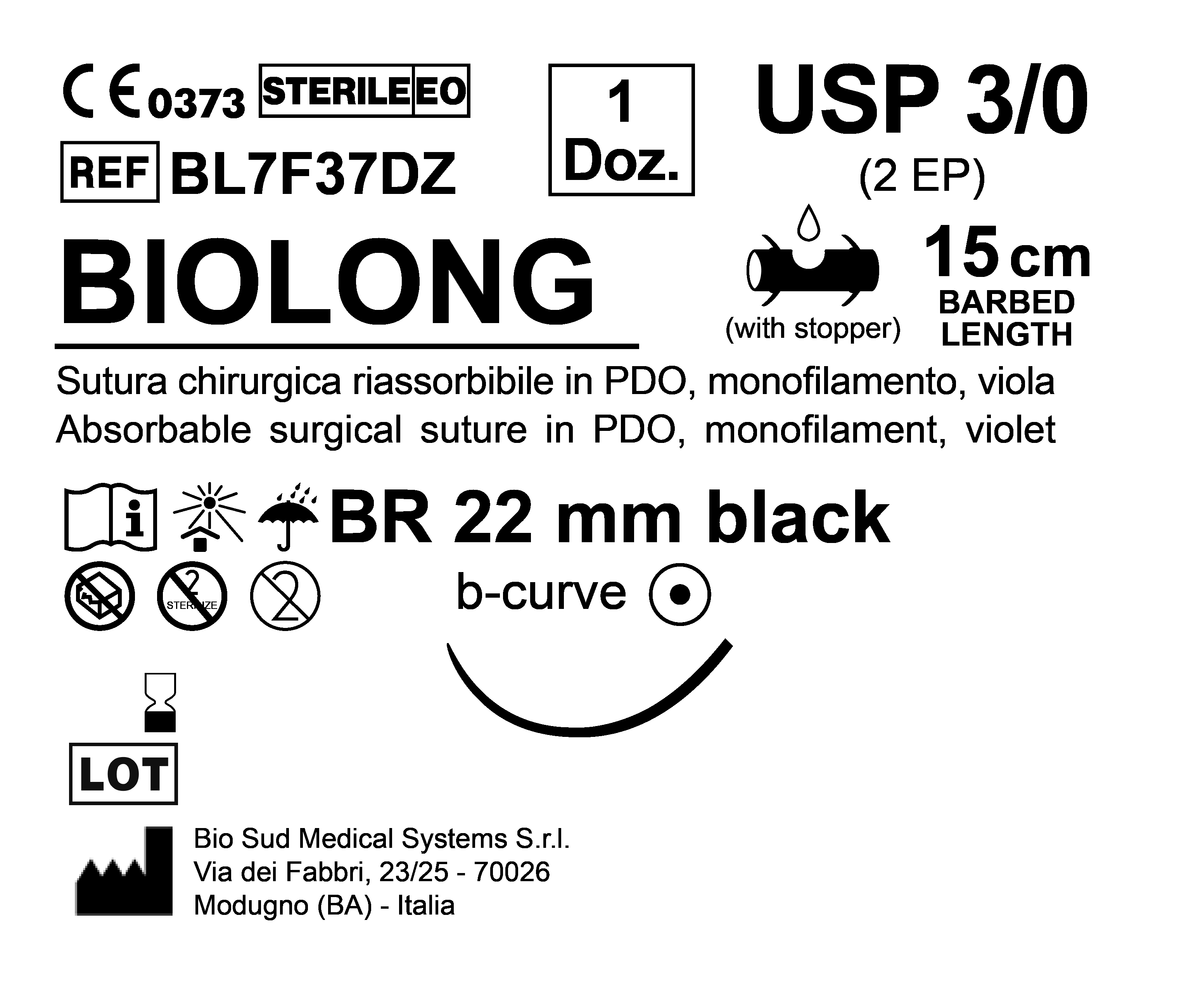 Sutura Biolong BR 22 - Black USP 3-0 - EP 2 15 cm Violet Barbed Box 12 pcs