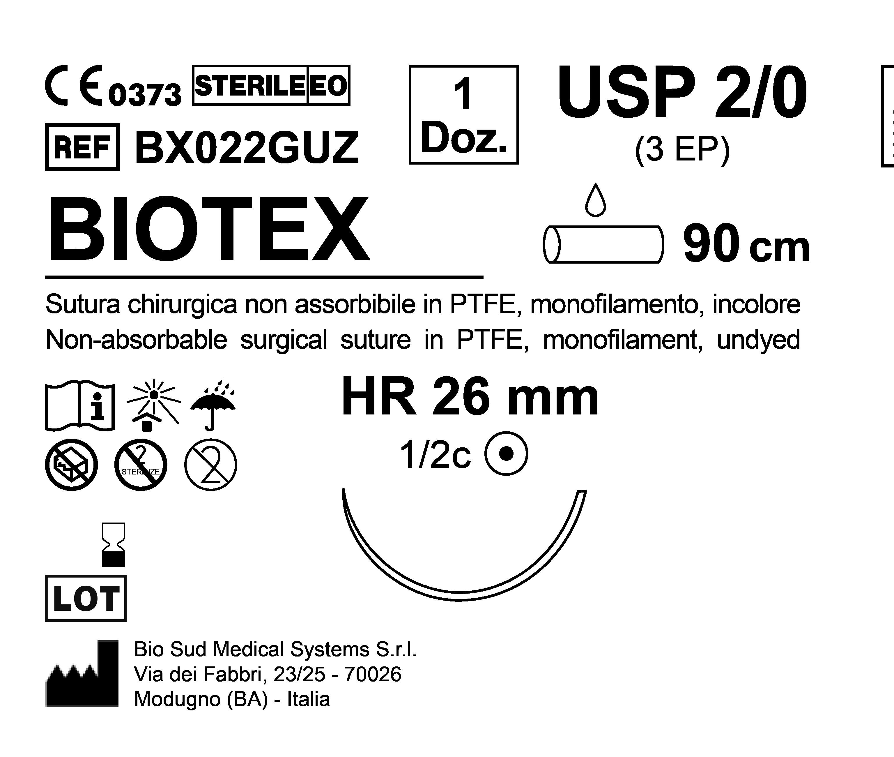 Sutura Biotex HR 26 USP 2-0 - EP 3 90 cm Undyed Box 12 pcs