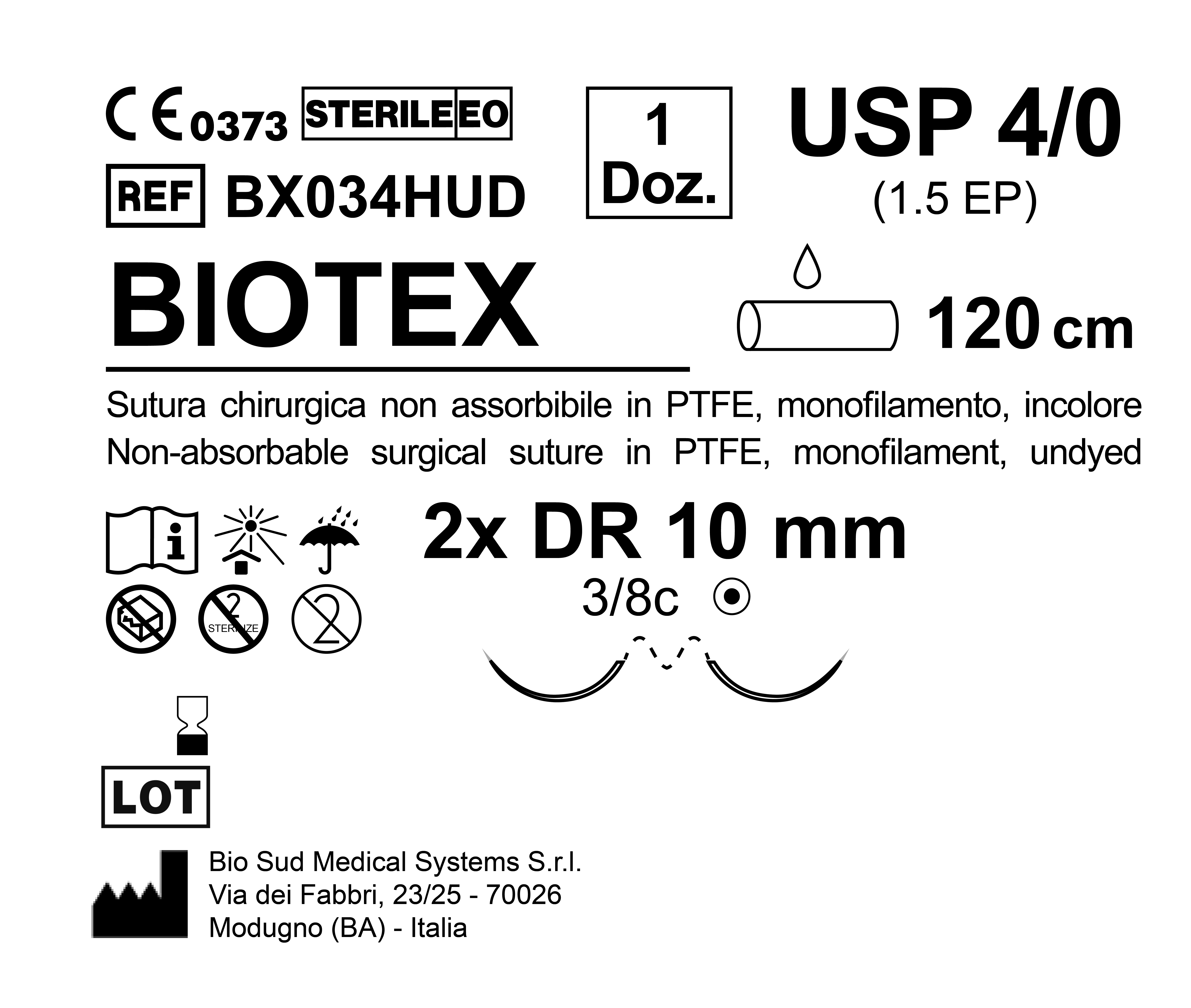 Sutura Biotex DR 10 USP 4-0  - EP 1.5 120 cm Undyed Double Armed  N.12 Bs. per Box