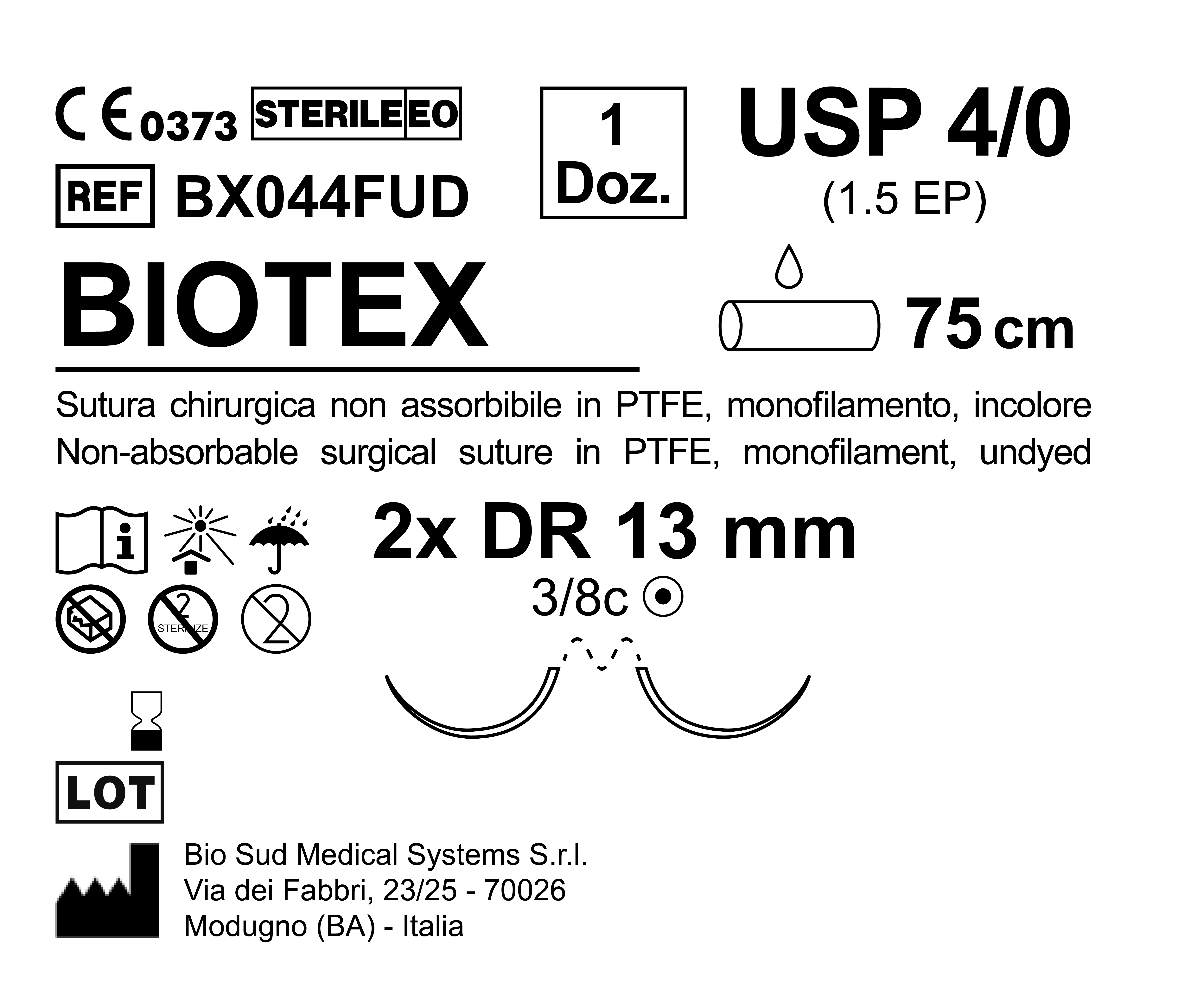 Sutura Biotex DR 13 USP 4-0  - EP 1.5 75 cm Undyed Double Armed  N.12 Bs. per Box