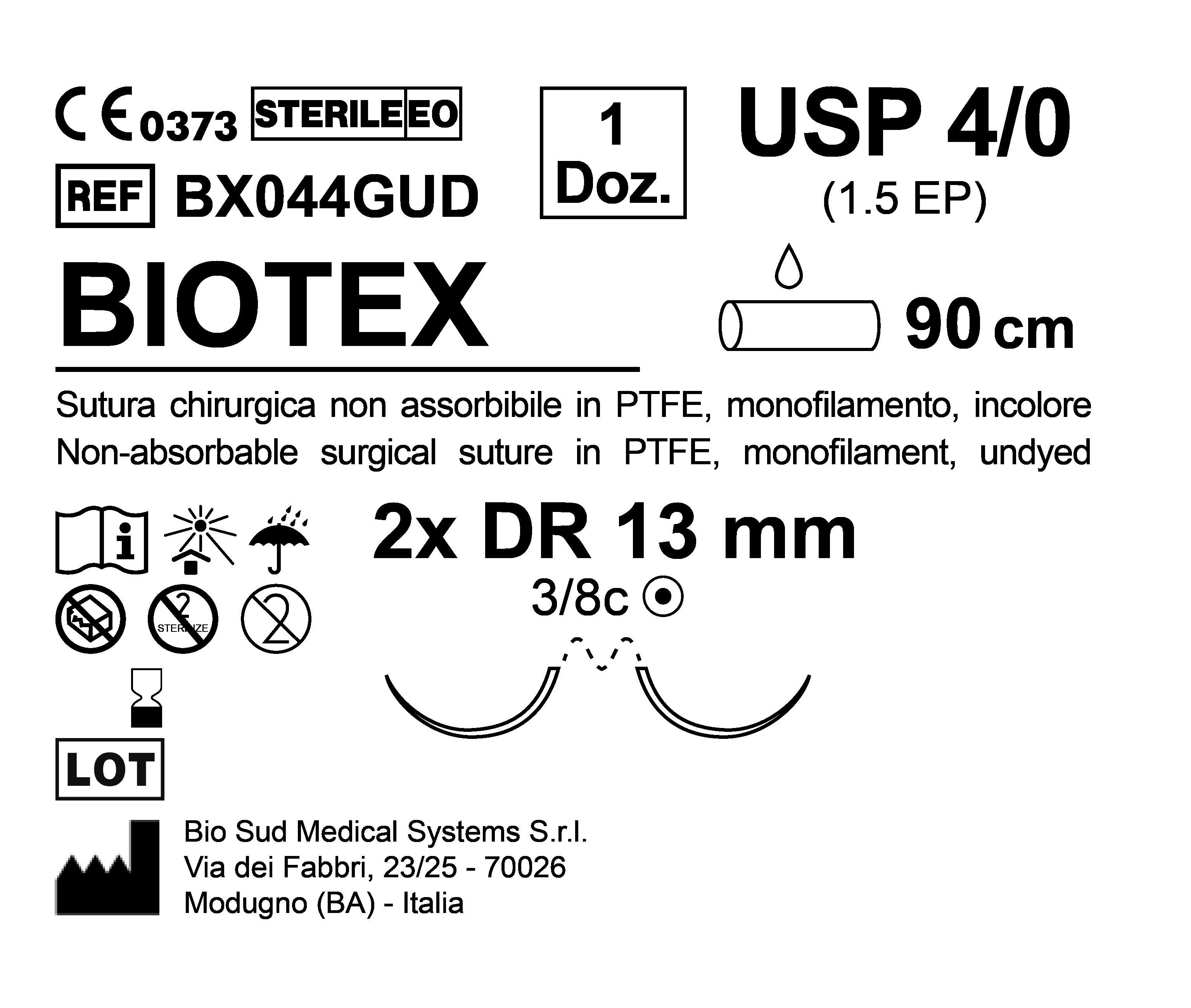 Sutura Biotex DR 13 USP 4-0  - EP 1.5 90 cm Undyed Double Armed  N.12 Bs. per Box