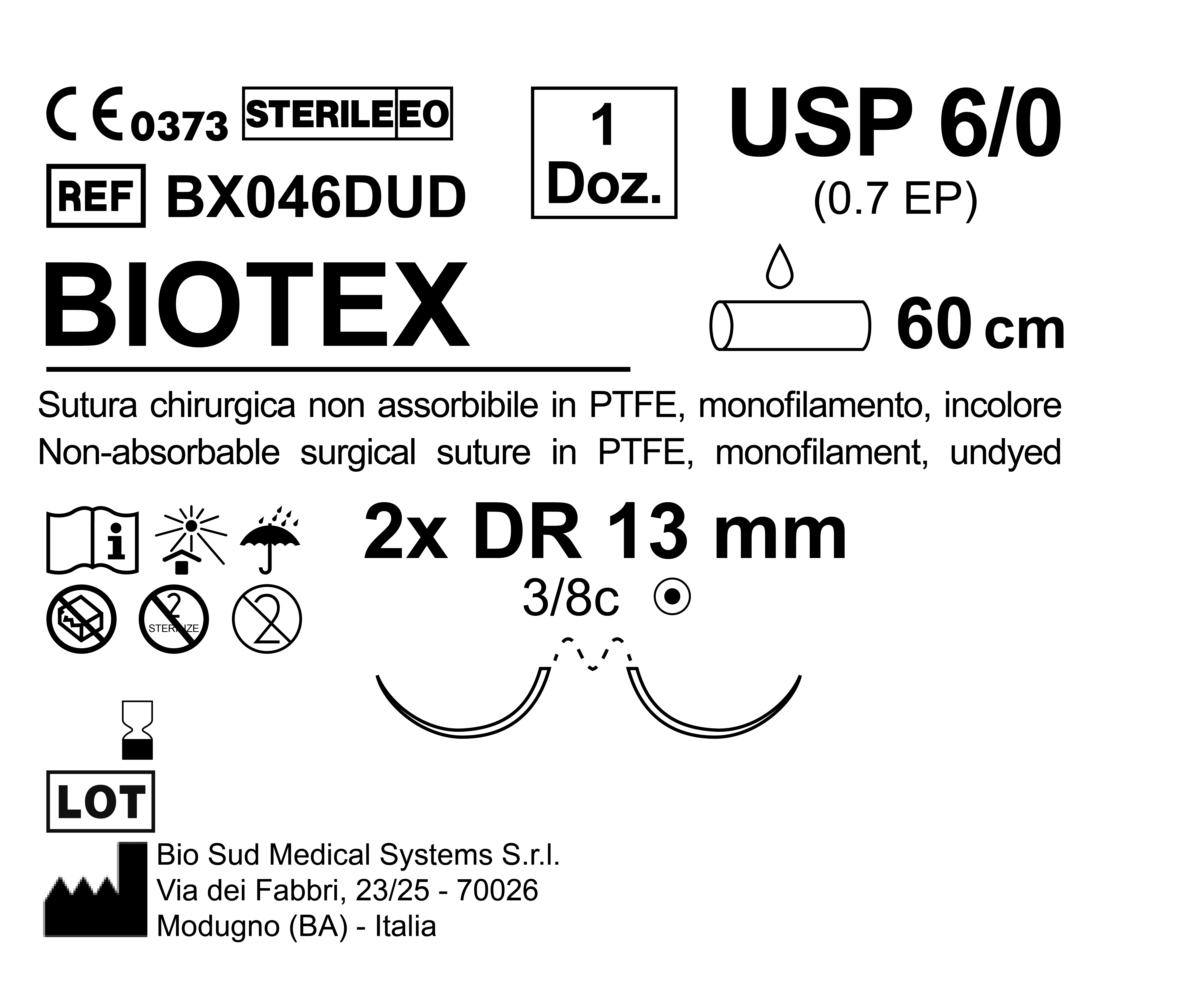 Sutura Biotex DR 13 USP 6-0 - EP 0.7 60 cm Undyed Double Armed  N.12 Bs. per Box