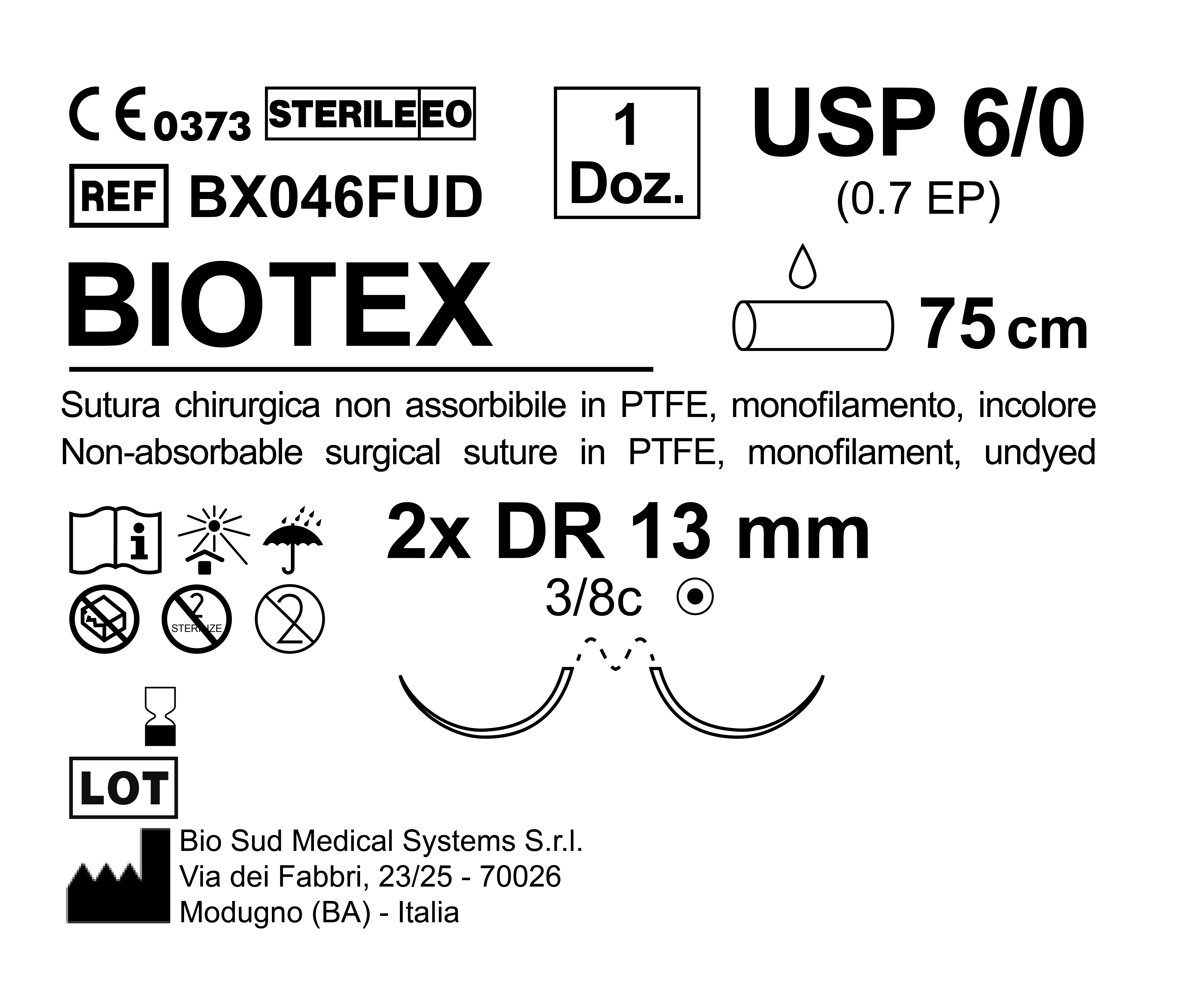 Sutura Biotex DR 13 USP 6-0 - EP 0.7 75 cm Undyed Double Armed  N.12 Bs. per Box