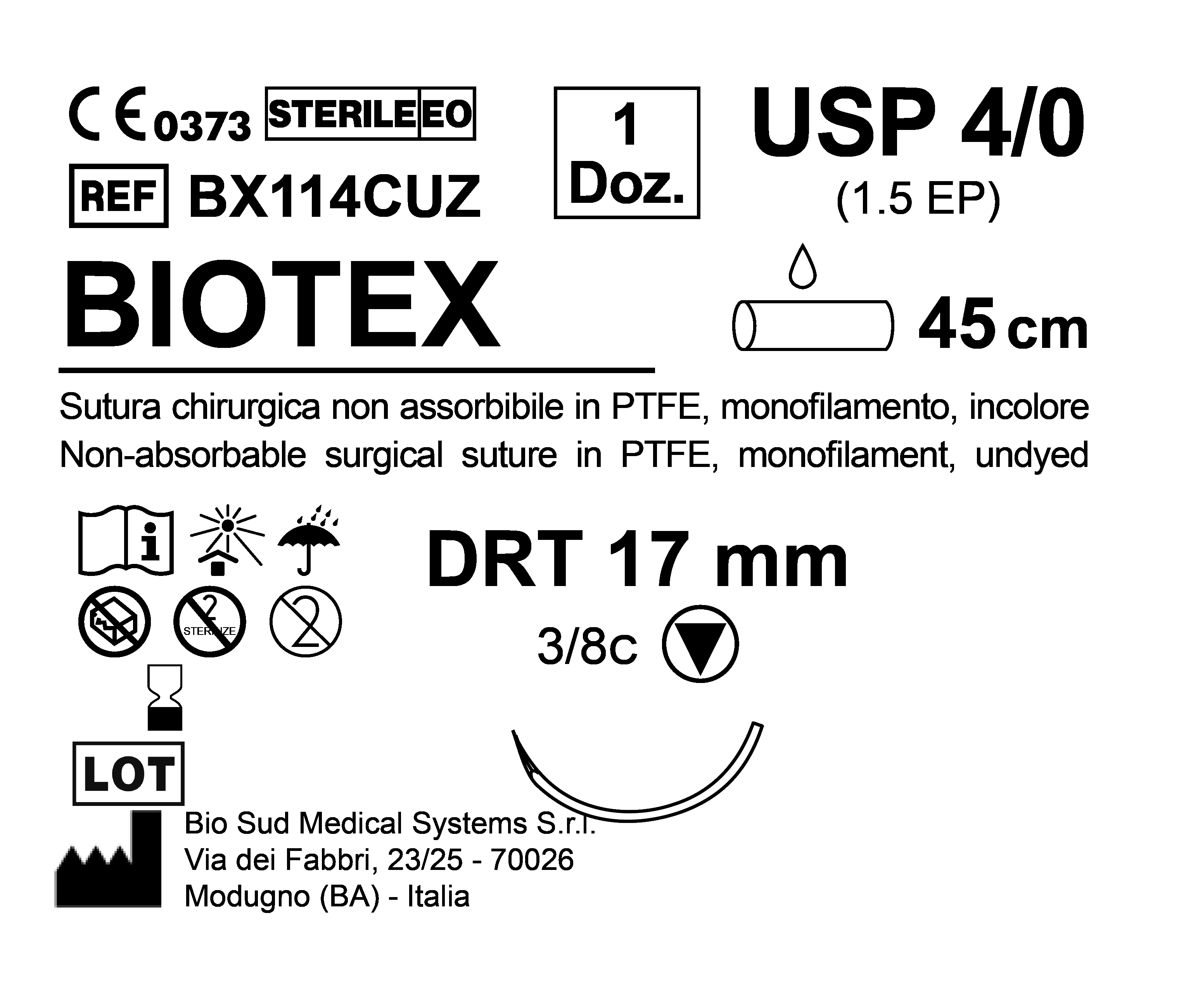 Sutura Biotex DRT 17 USP 4-0  - EP 1.5 45 cm Undyed Box 12 pcs