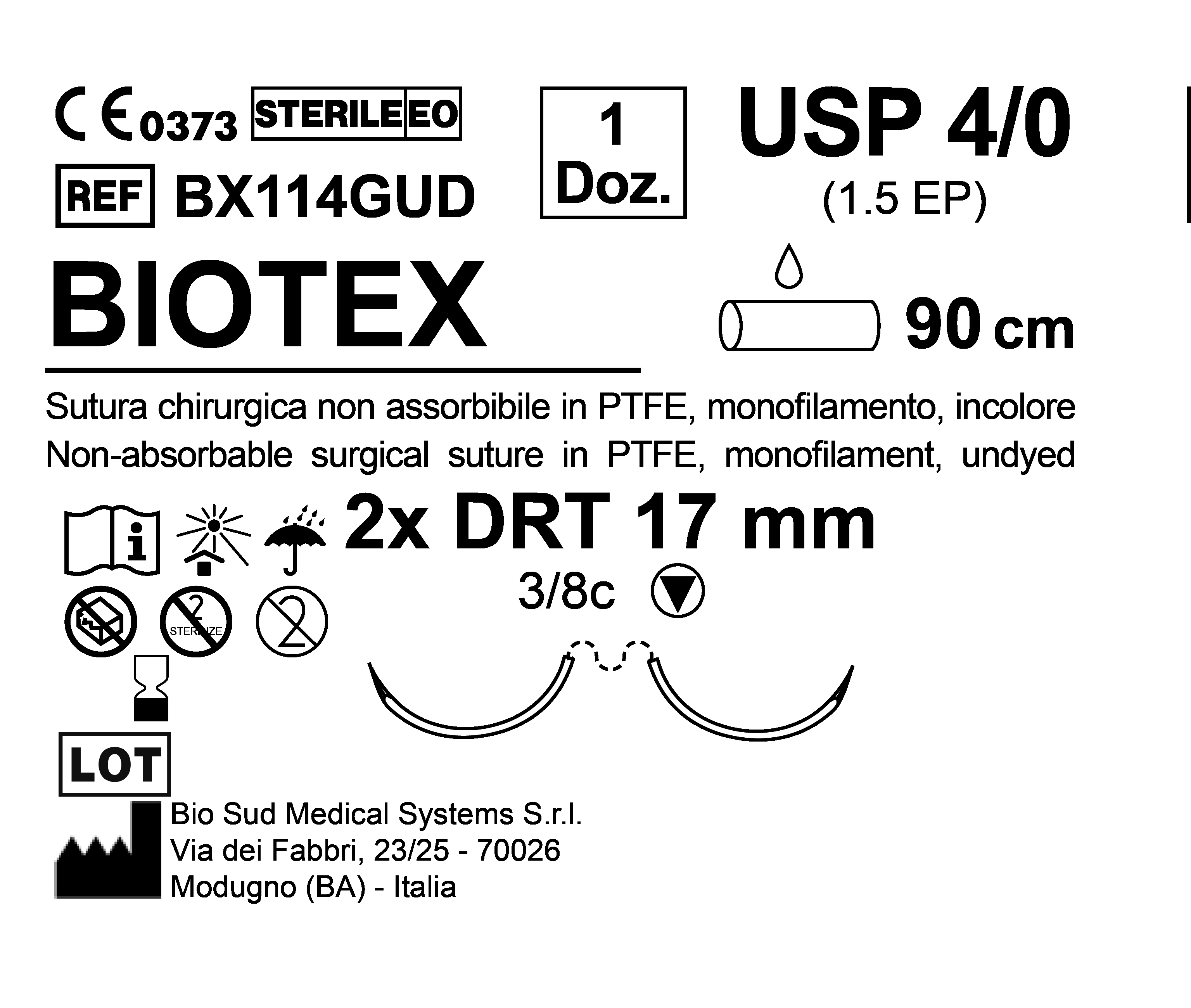 Sutura Biotex DRT 17 USP 4-0  - EP 1.5 90 cm Undyed Double Armed  N.12 Bs. per Box