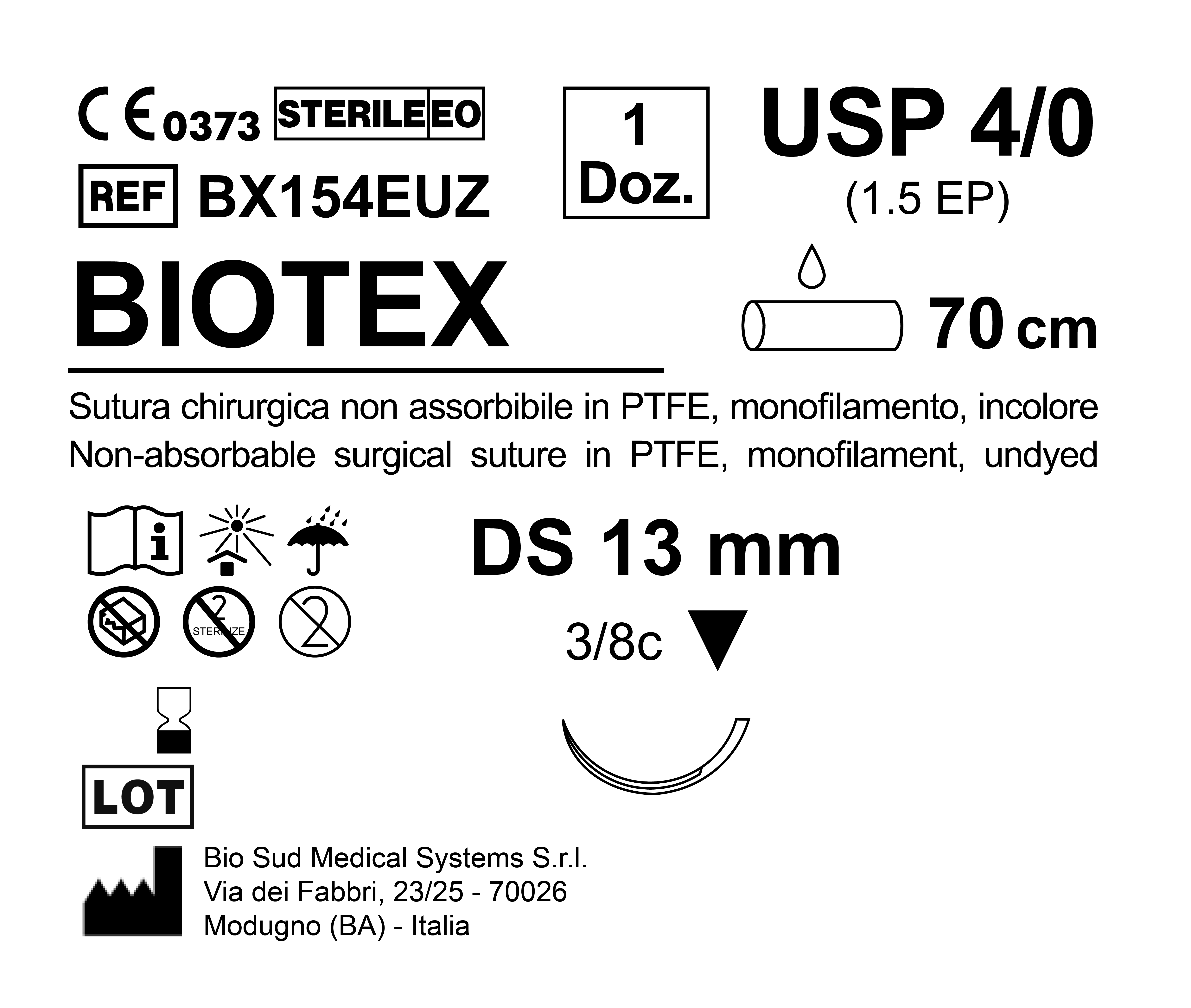 Sutura Biotex DS 13 USP 4-0  - EP 1.5 70 cm Undyed Box 12 pcs