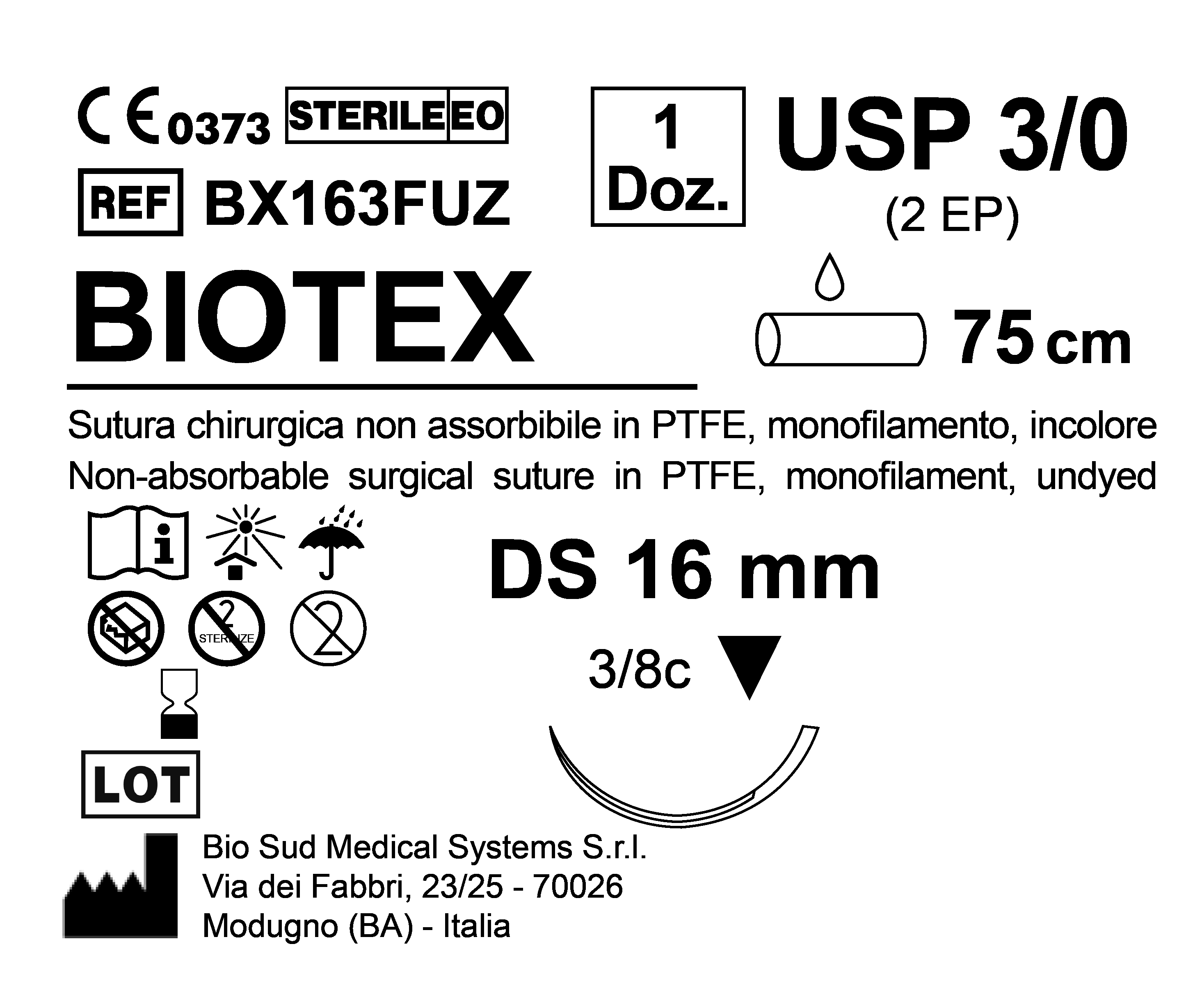 Sutura Biotex DS 16 USP 3-0 - EP 2 75 cm Undyed Box 12 pcs