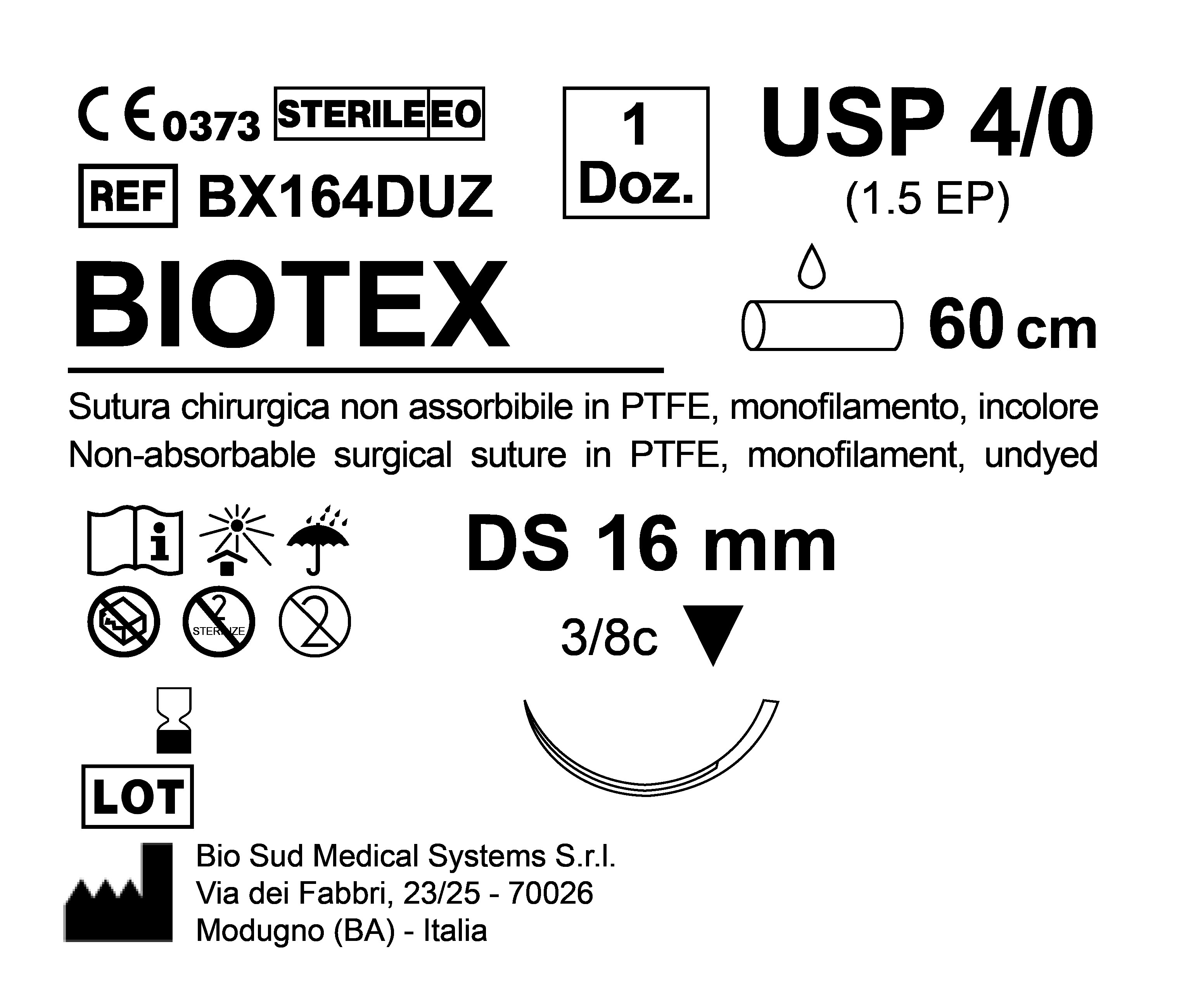 Sutura Biotex DS 16 USP 4-0  - EP 1.5 60 cm Undyed Box 12 pcs