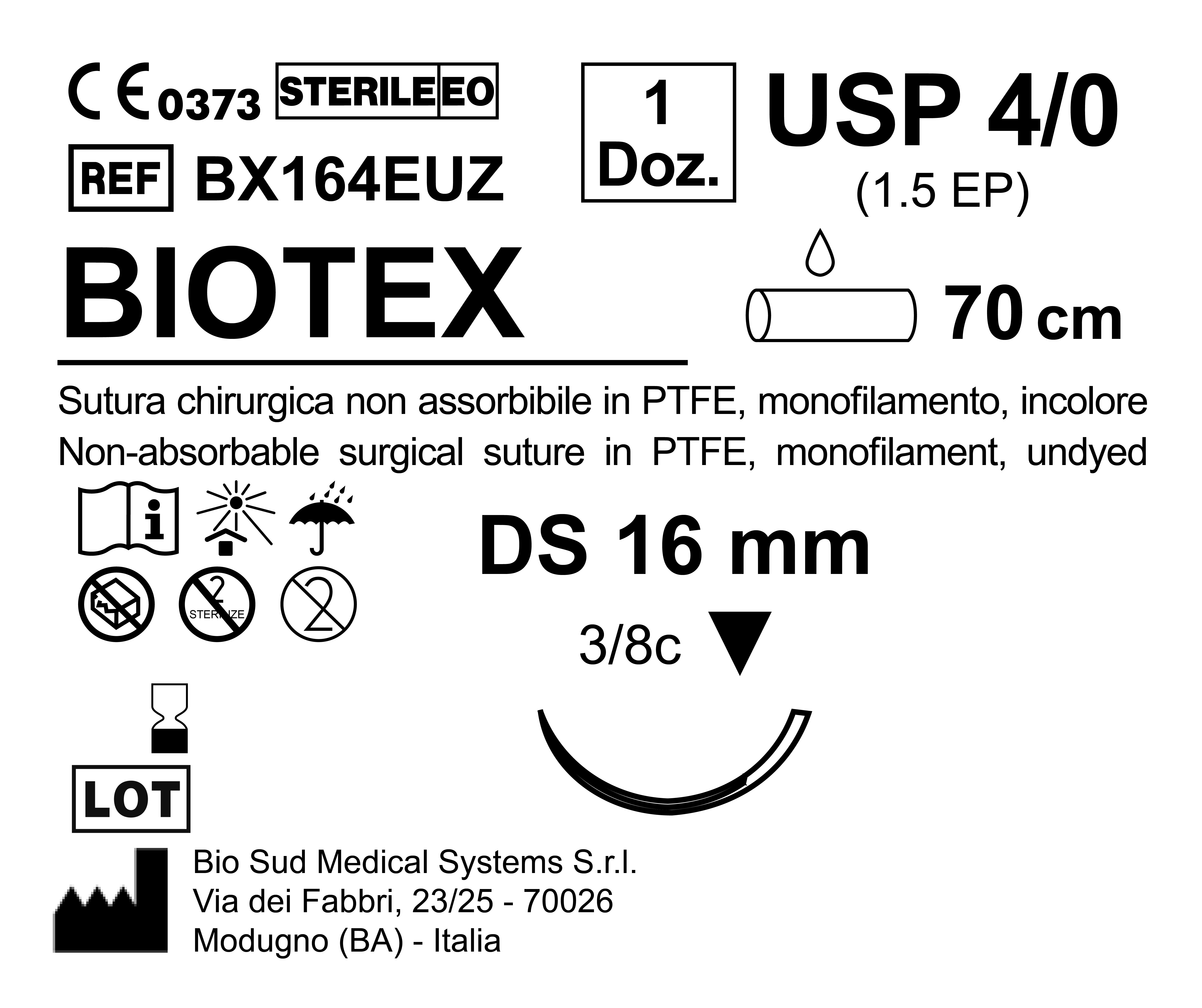Sutura Biotex DS 16 USP 4-0  - EP 1.5 70 cm Undyed Box 12 pcs