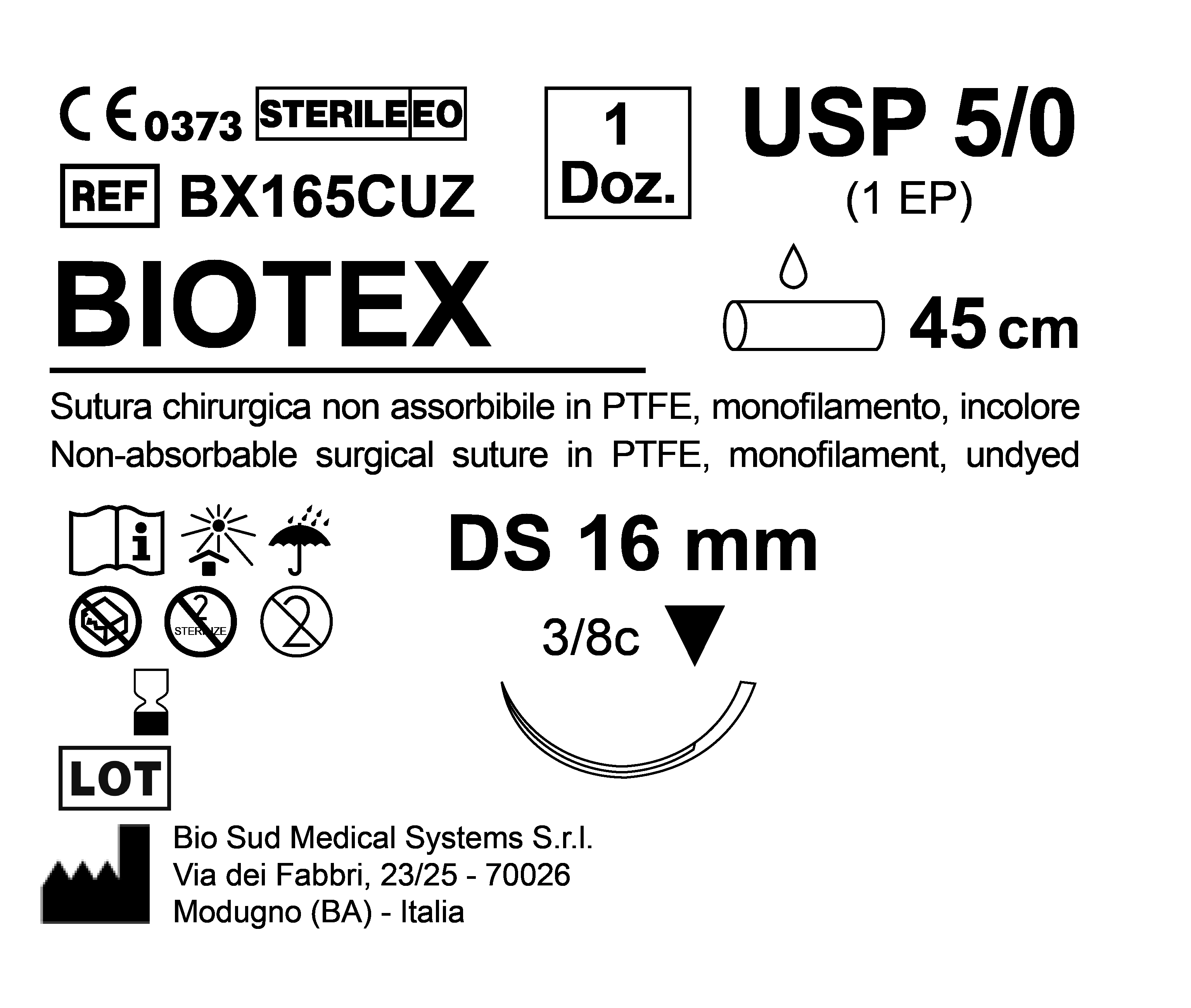 Sutura Biotex DS 16 USP 5-0 - EP 1 45 cm Undyed Box 12 pcs