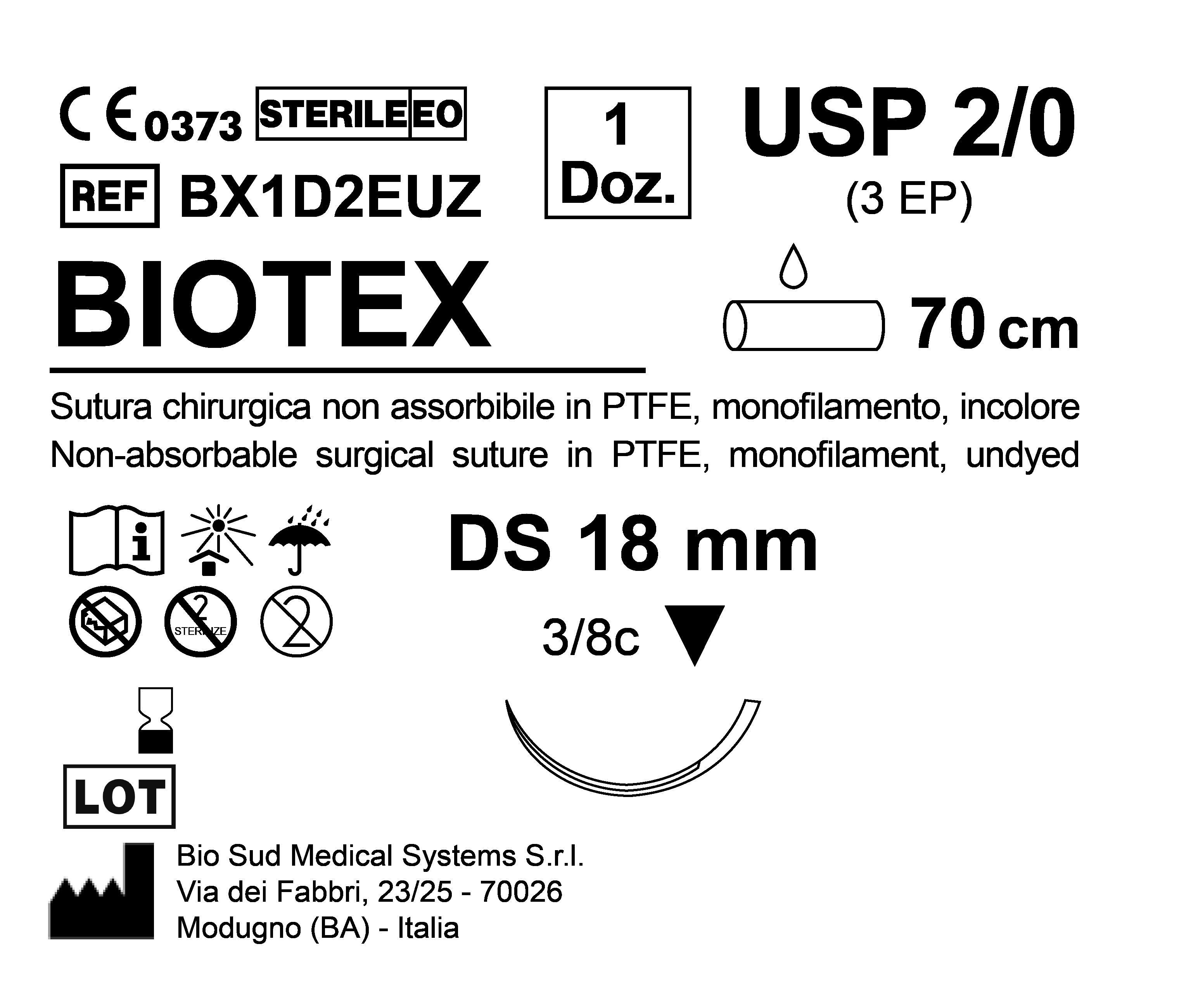 Sutura Biotex DS 18 USP 2-0 - EP 3 70 cm Undyed Box 12 pcs