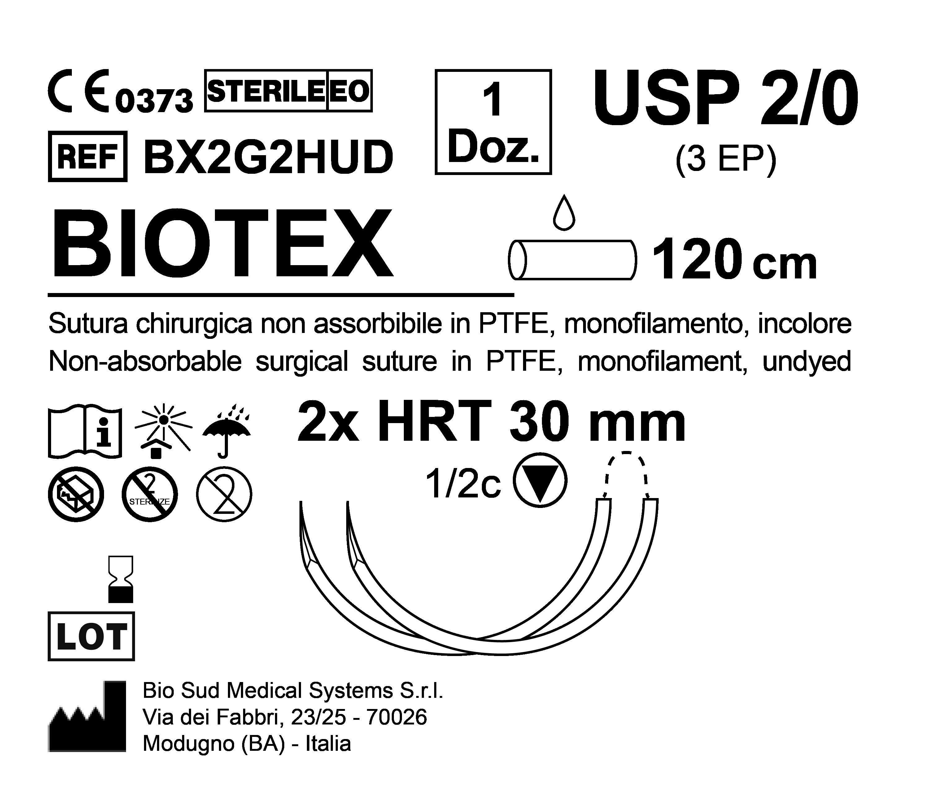 Sutura Biotex HRT 30 USP 2-0 - EP 3 120 cm Undyed Double Armed  N.12 Bs. per Box