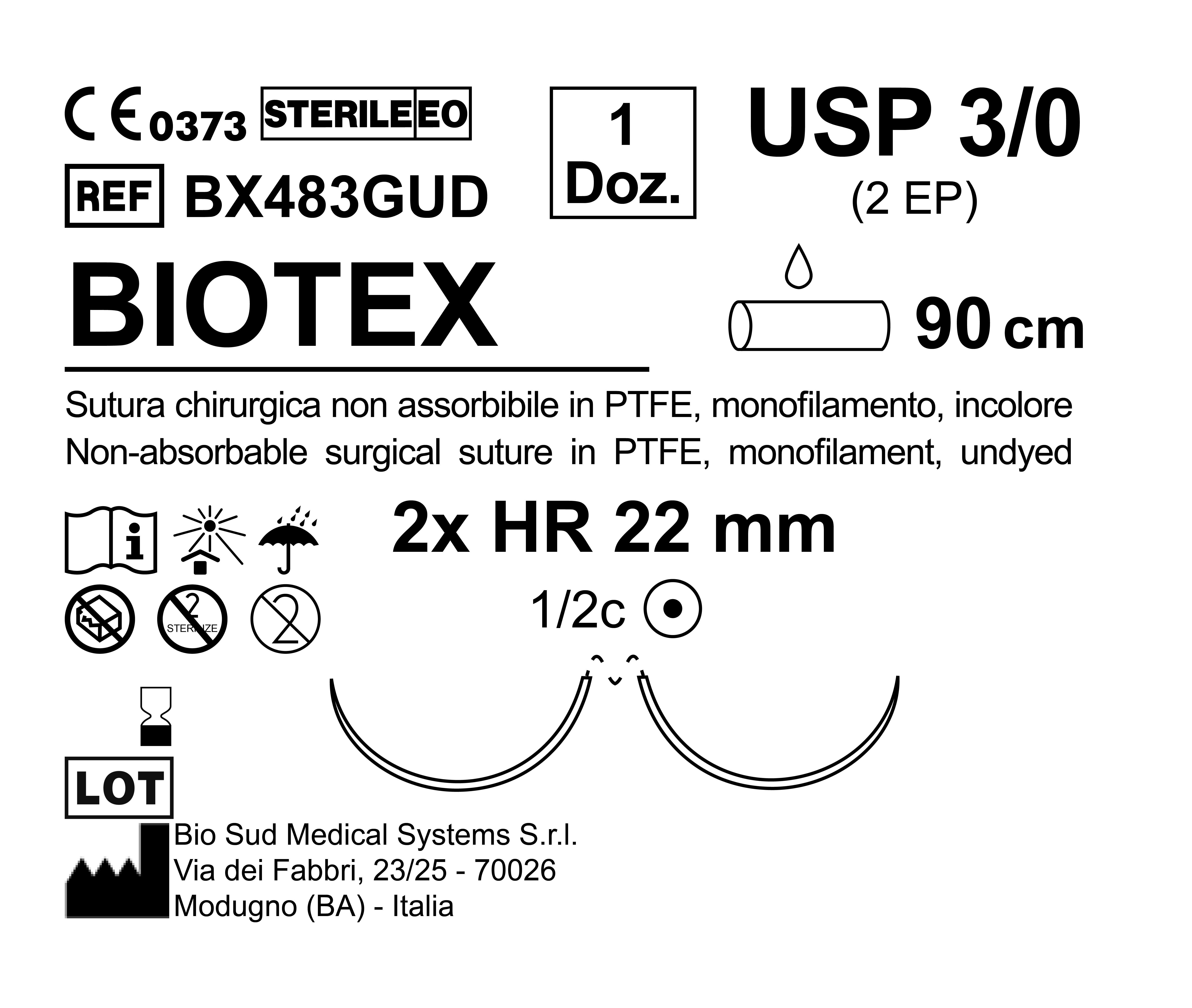 Sutura Biotex HR 22 USP 3-0 - EP 2 90 cm Undyed Double Armed  N.12 Bs. per Box