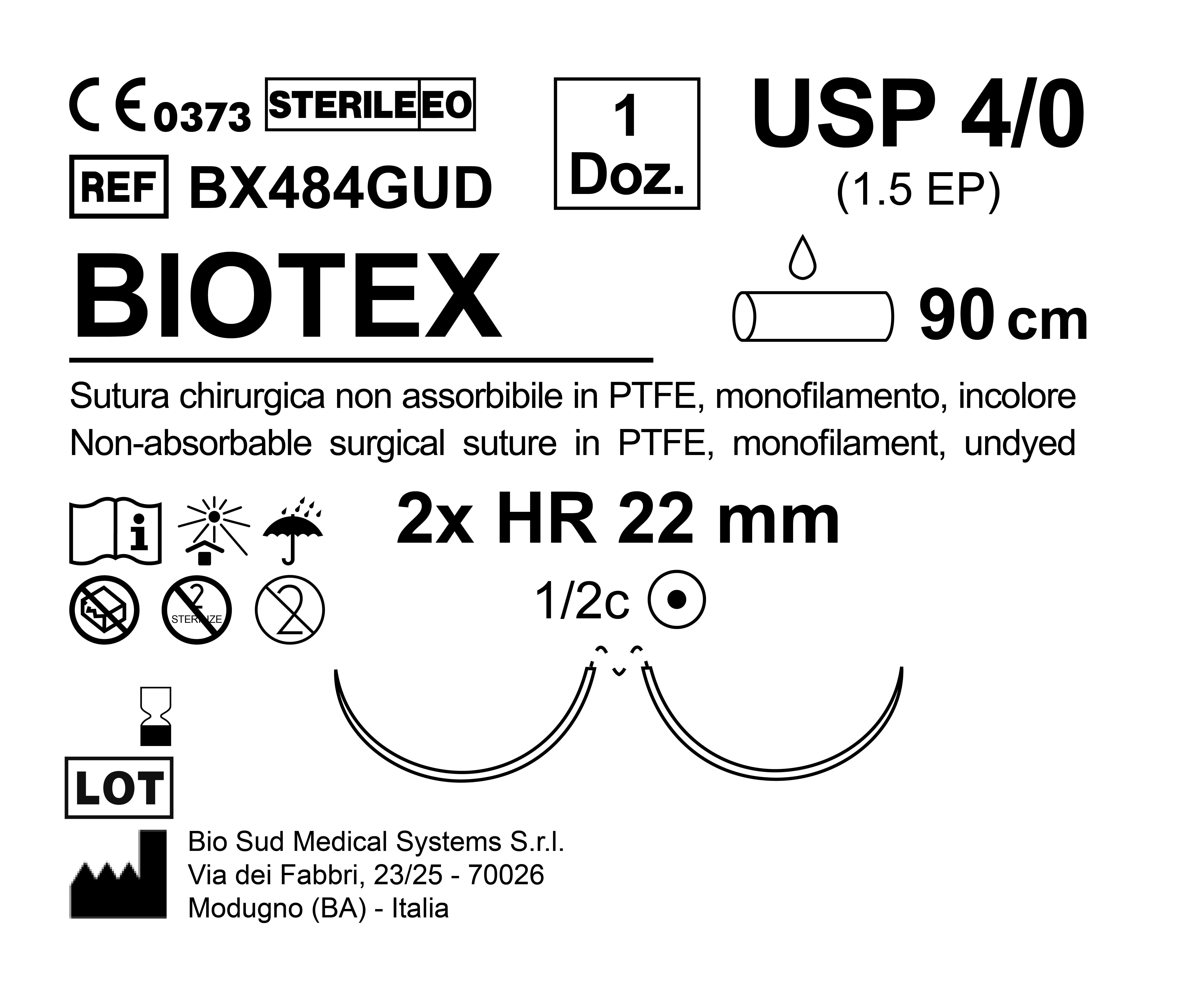 Sutura Biotex HR 22 USP 4-0  - EP 1.5 90 cm Undyed Double Armed  N.12 Bs. per Box
